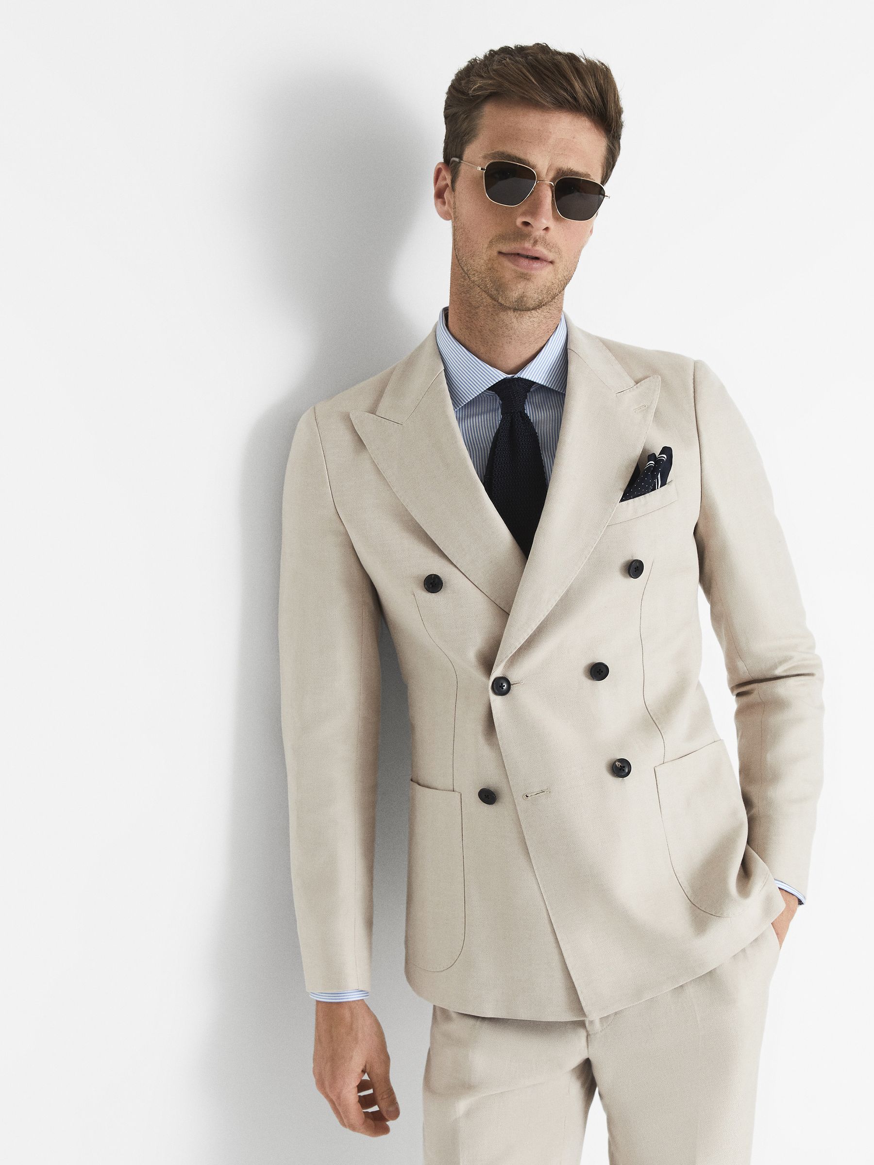 Reiss Fawn Stone Double Breasted Herringbone Slim Fit Blazer