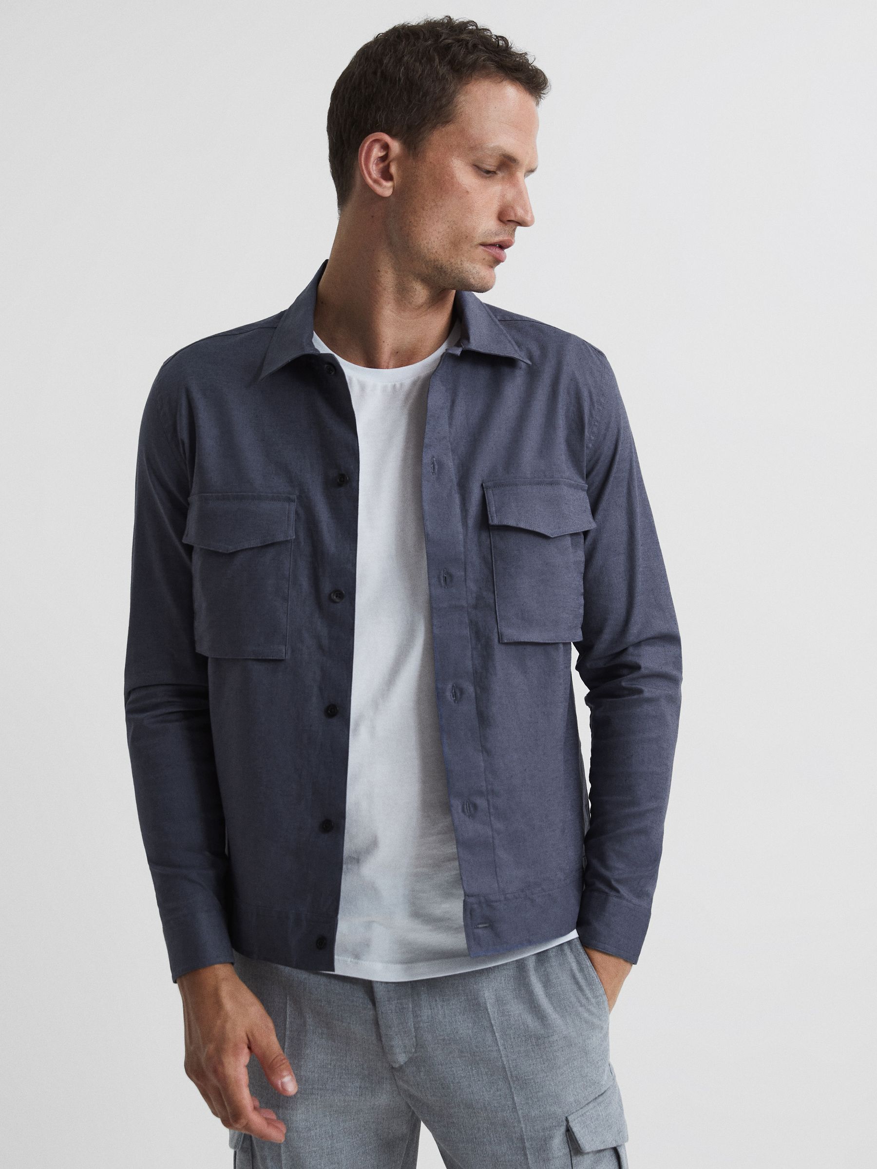 Linen Blend Twin Pocket Overshirt in Airforce Blue - Image 1 of 6