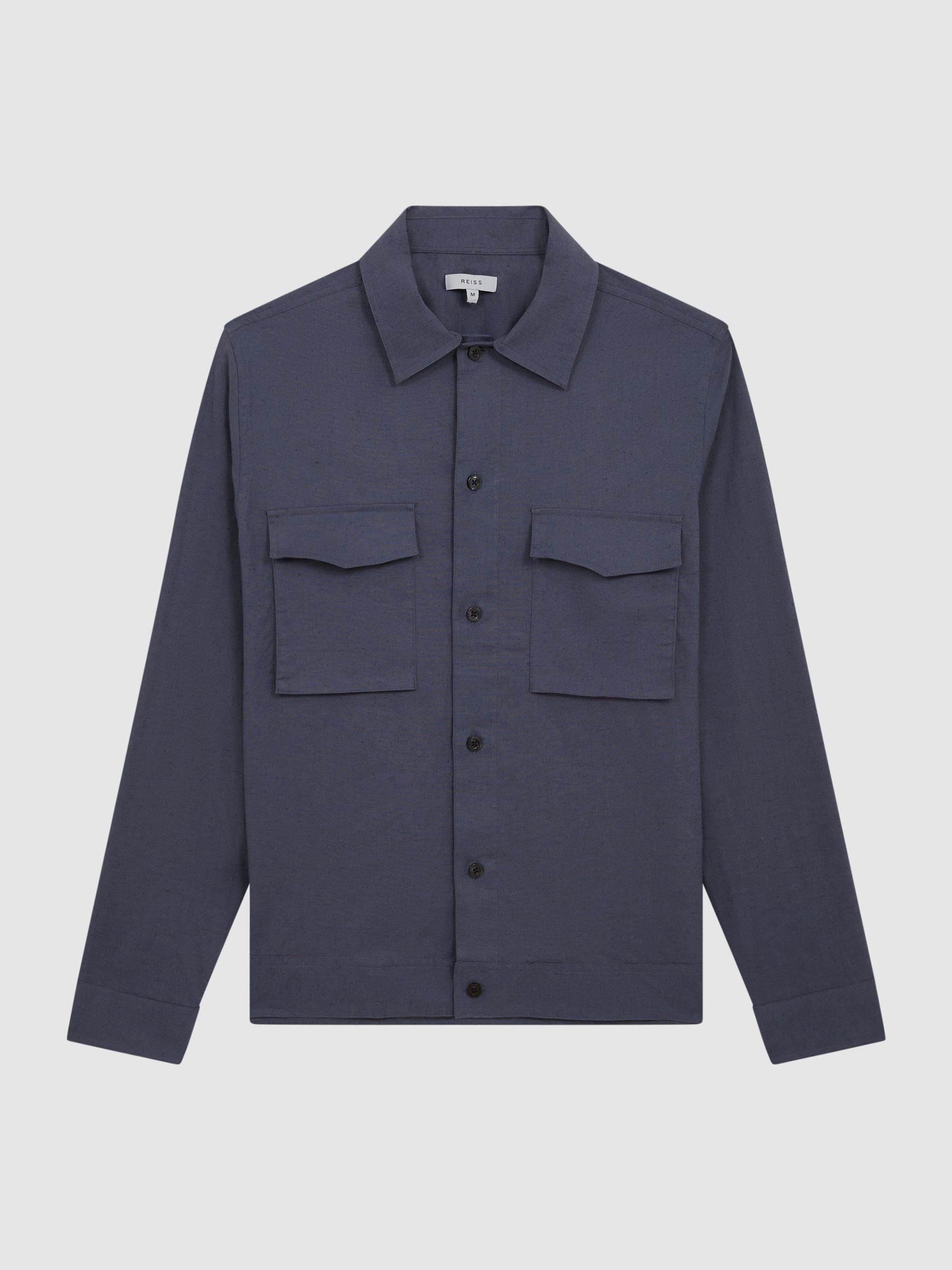 Linen Blend Twin Pocket Overshirt in Airforce Blue - Image 2 of 6