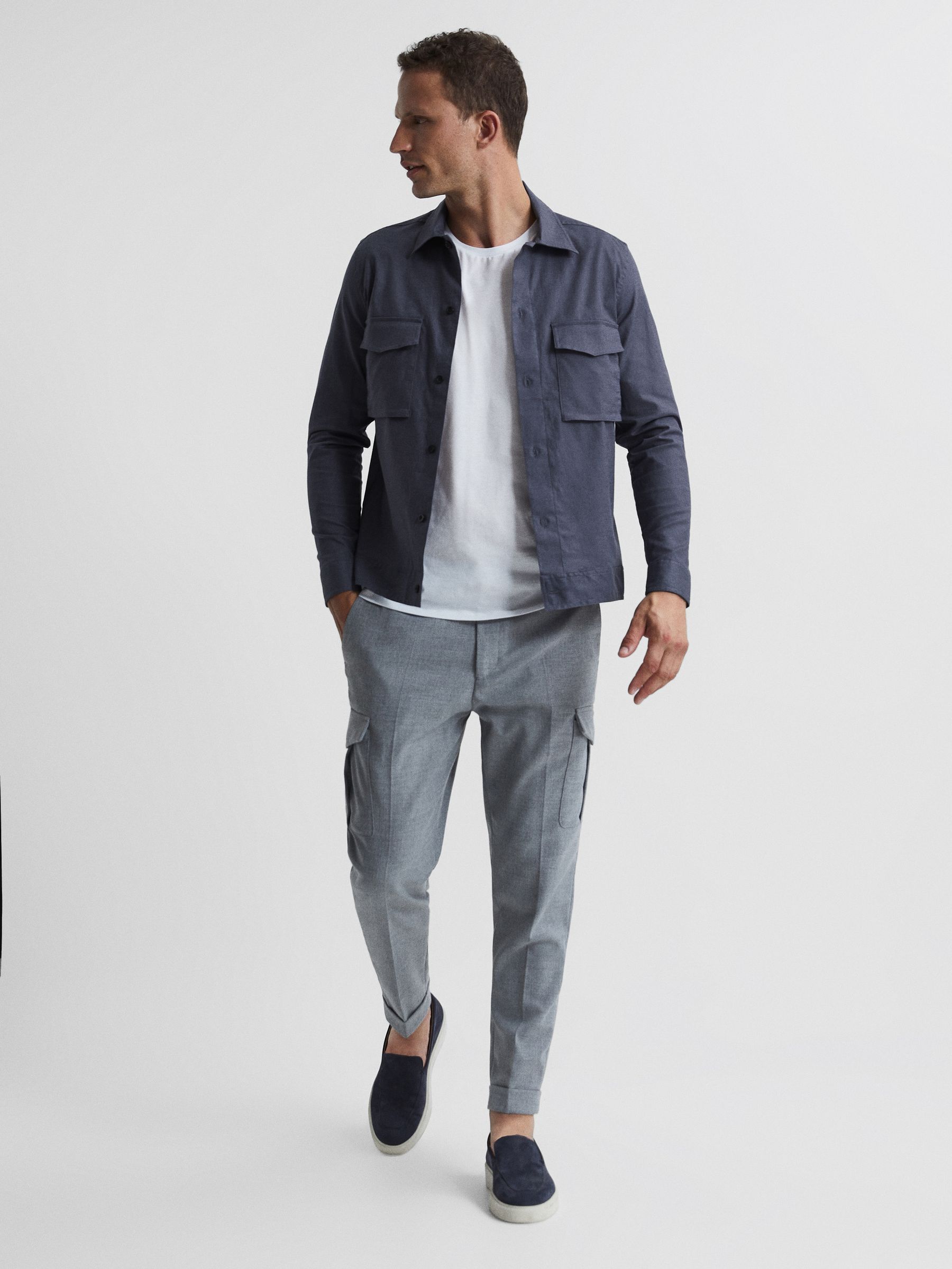 Linen Blend Twin Pocket Overshirt in Airforce Blue - Image 3 of 6