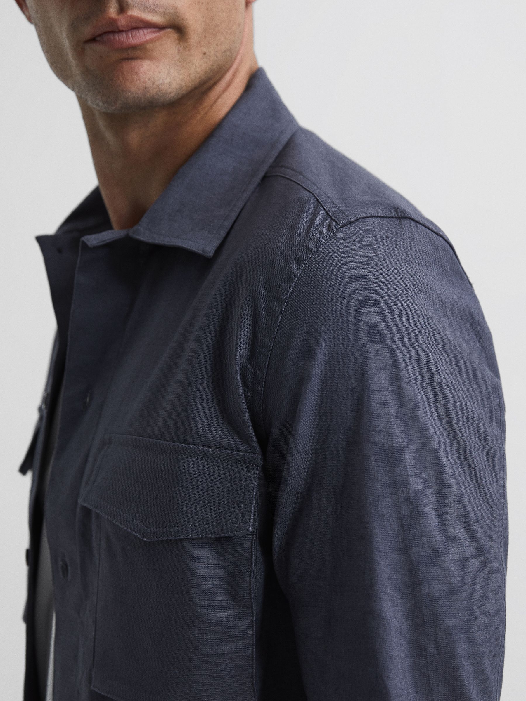 Linen Blend Twin Pocket Overshirt in Airforce Blue - Image 4 of 6