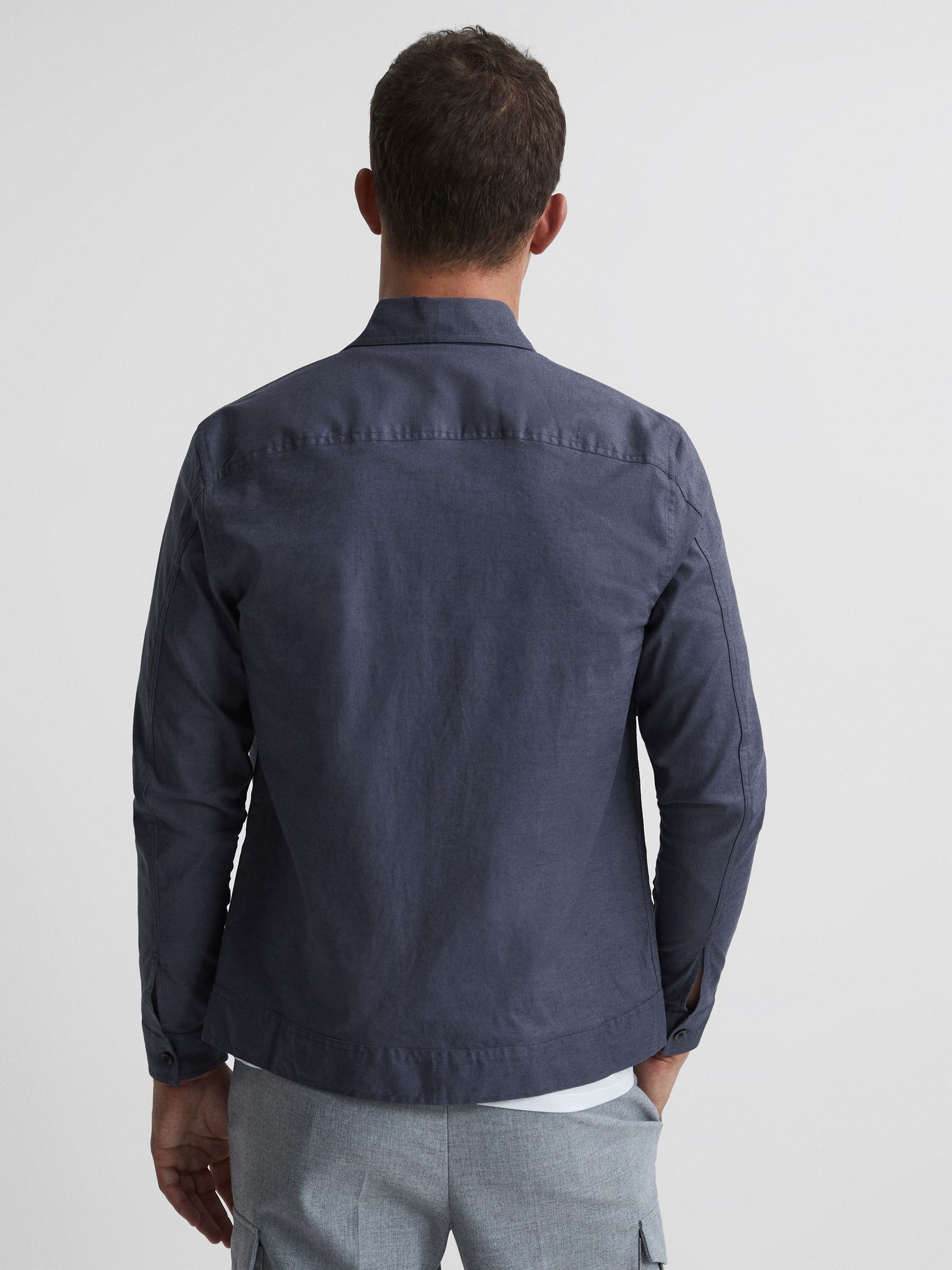 Linen Blend Twin Pocket Overshirt in Airforce Blue - Image 5 of 6