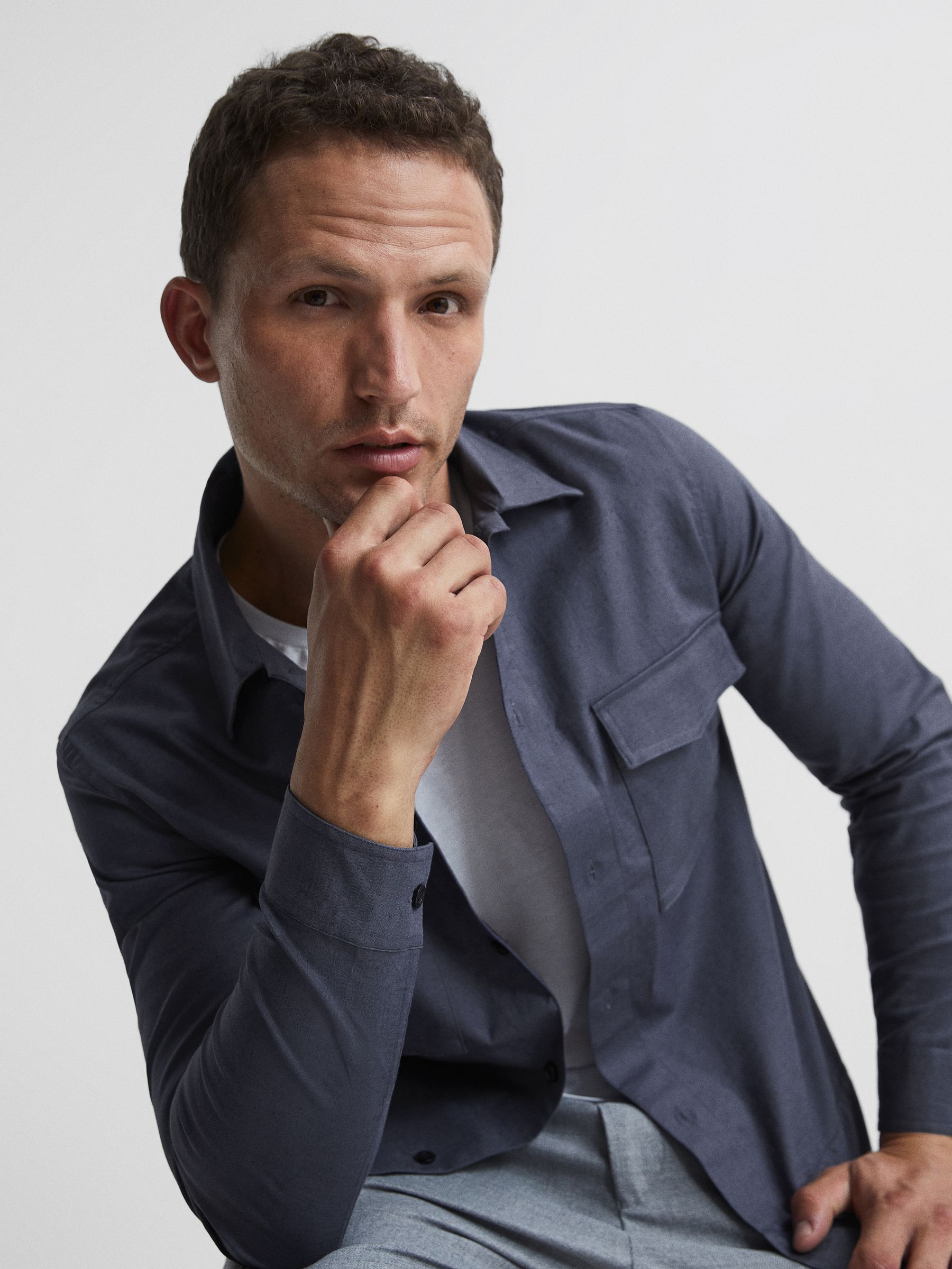 Linen Blend Twin Pocket Overshirt in Airforce Blue - Image 6 of 6