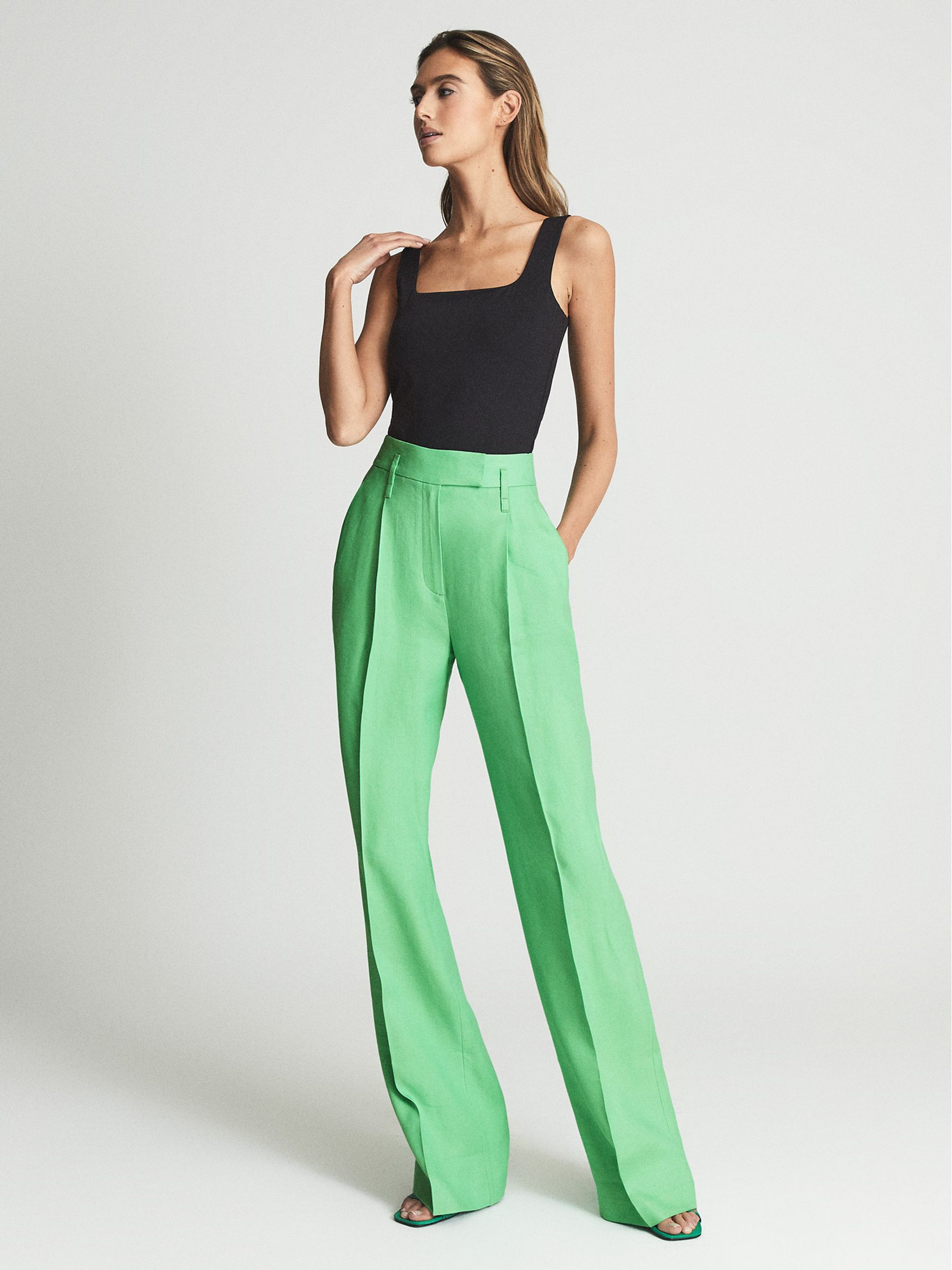 Wide Leg Tailored Trousers in Green - Image 1 of 7