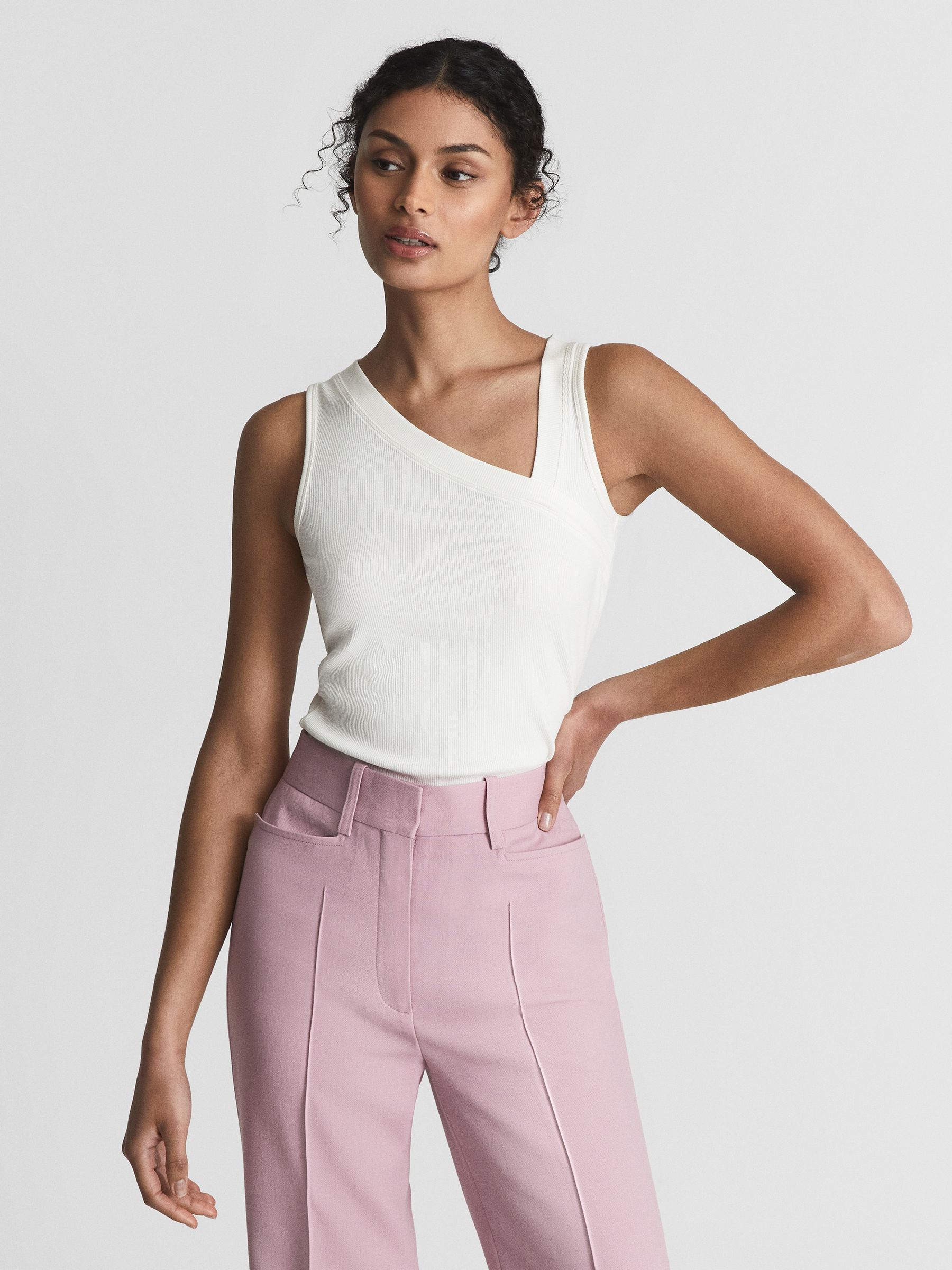 Sleeveless Asymmetric Neckline Top in Cream - Image 1 of 5