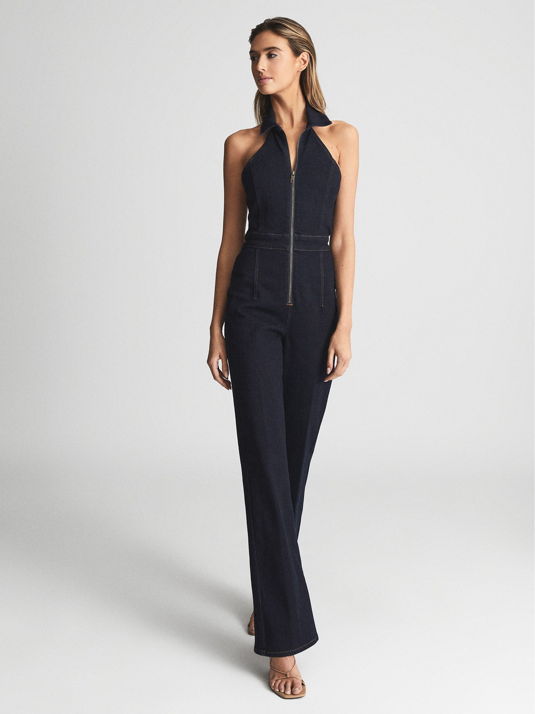 Denim Halter Jumpsuit in Indigo - Image 1 of 6