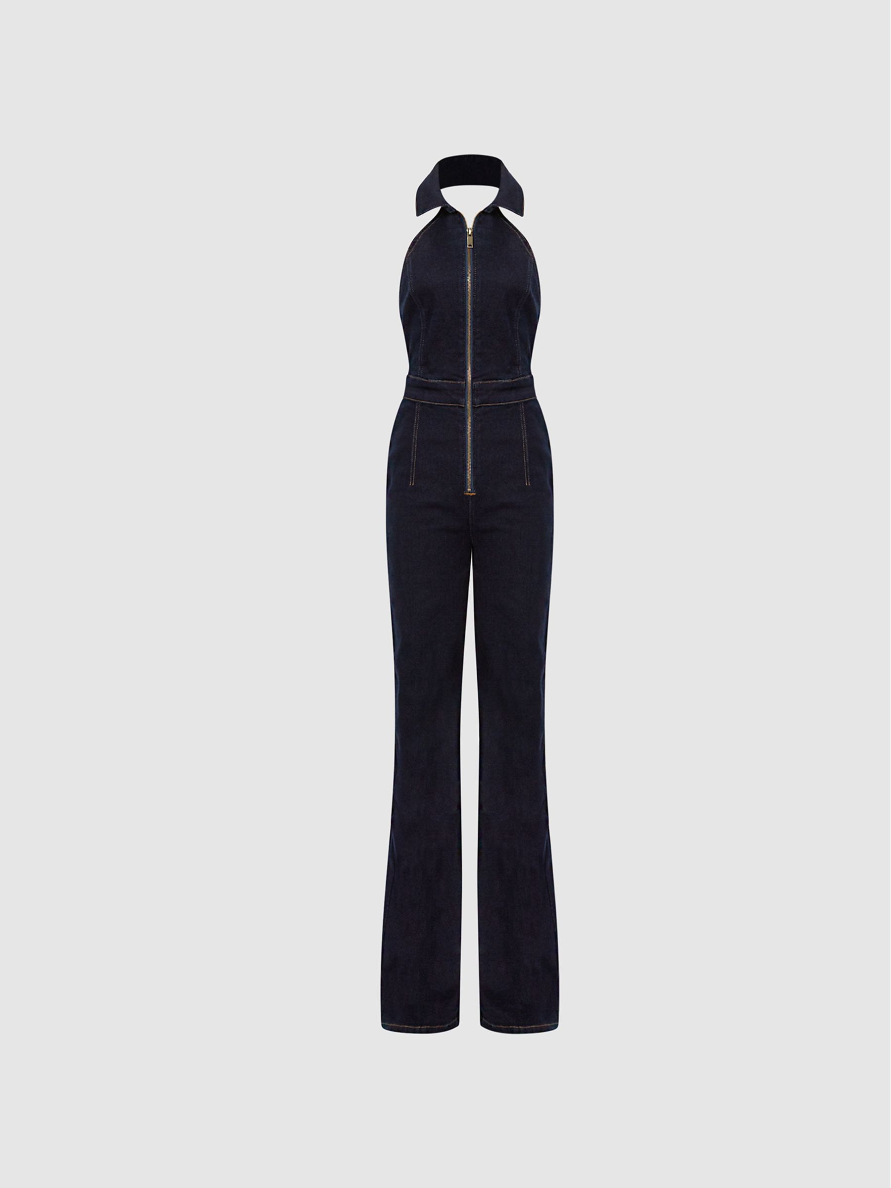 Denim Halter Jumpsuit in Indigo - Image 2 of 6