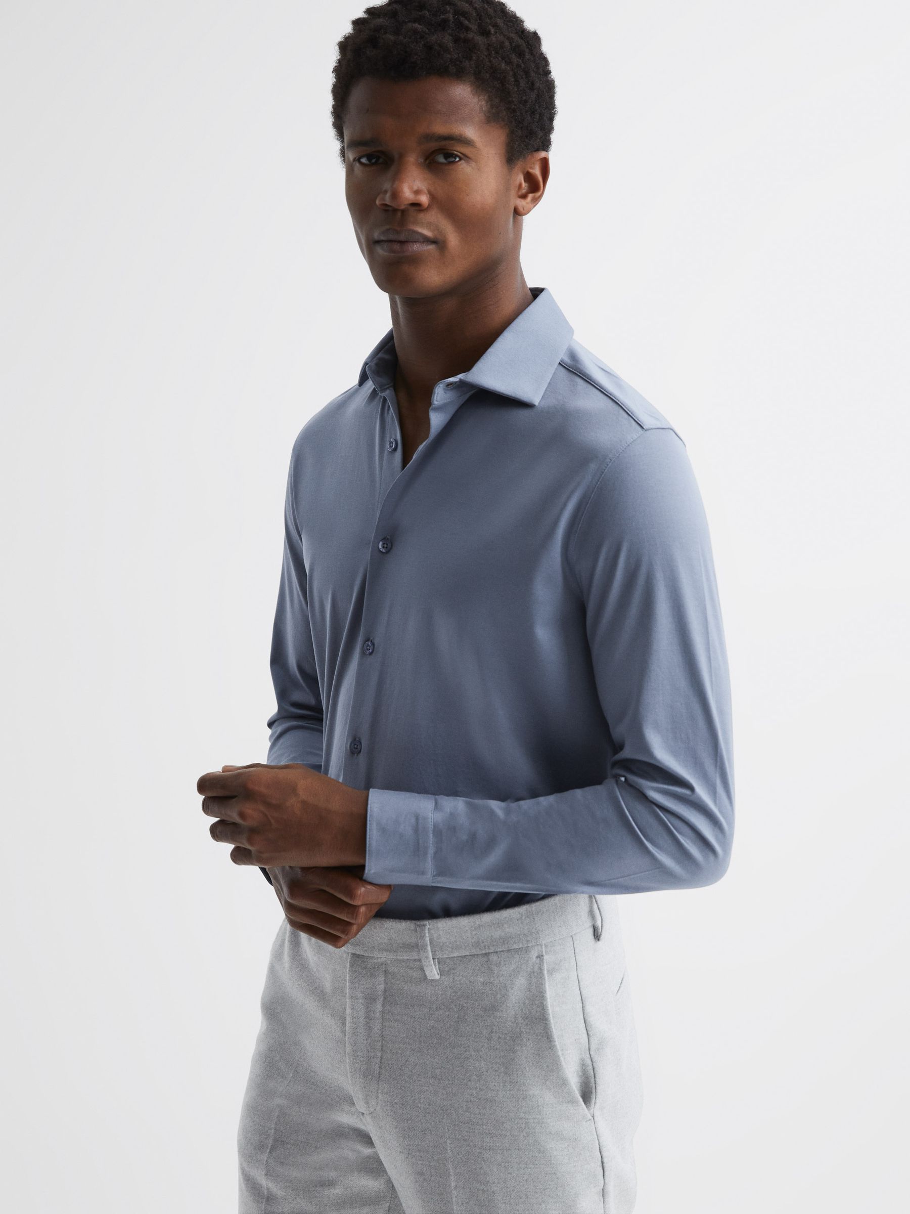 Mercerised Cotton Button-Through Shirt in Airforce Blue - Image 1 of 7