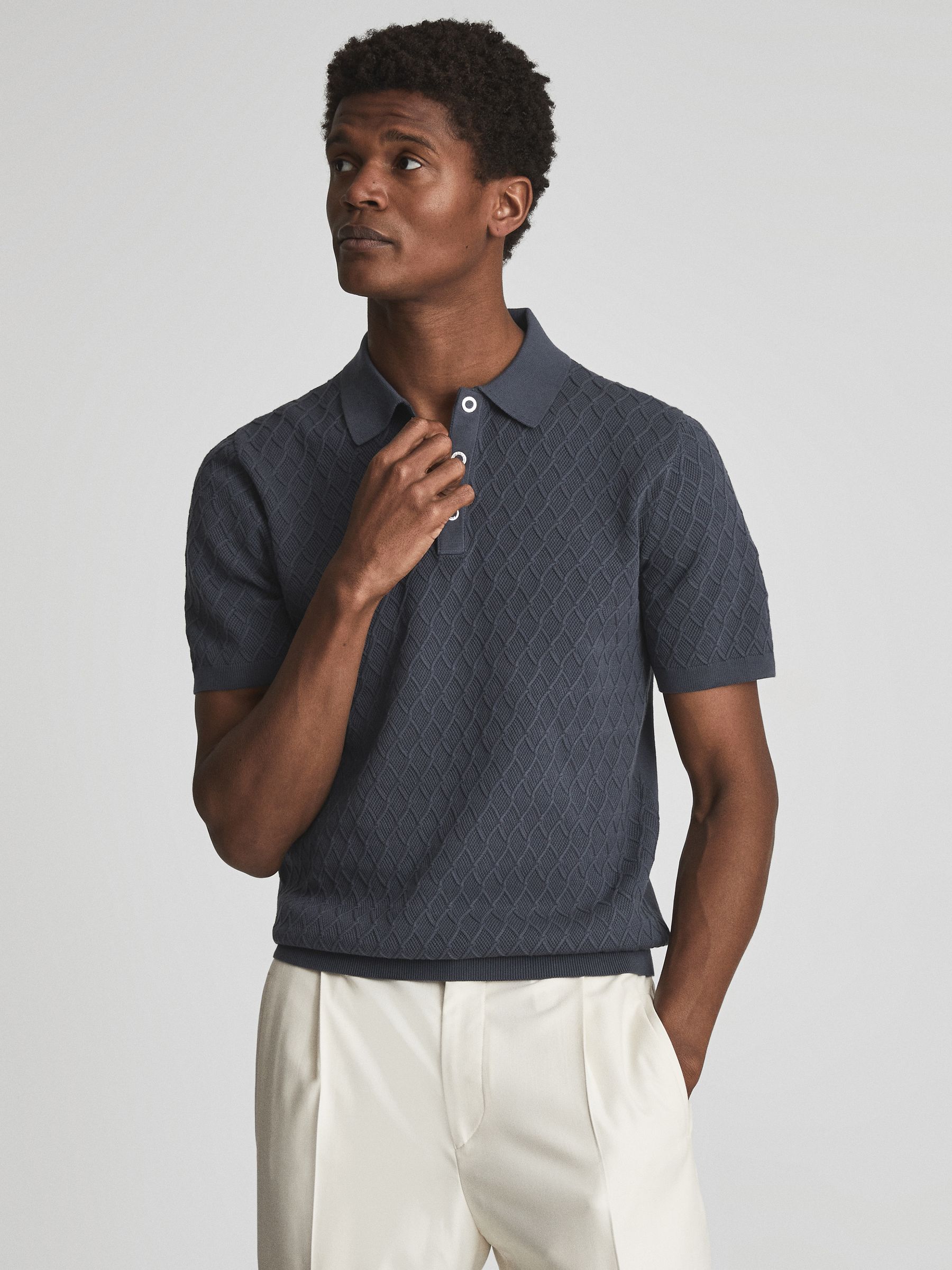 Textured Diamond Stitch Polo T-Shirt in Steel Blue - Image 1 of 7 Textured Diamond Stitch Polo T-Shirt in Steel Blue - Image 1 of 7