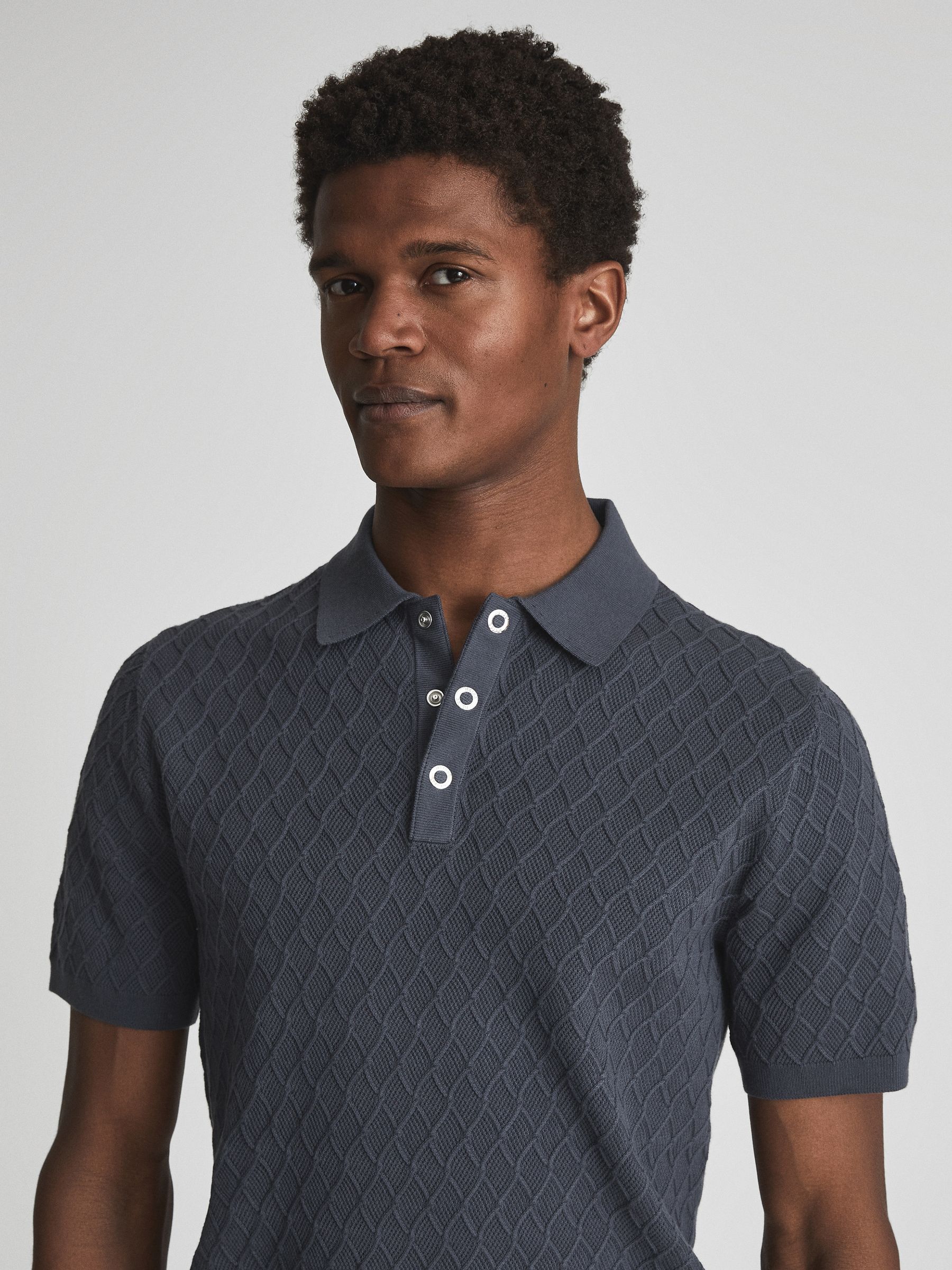 Textured Diamond Stitch Polo T-Shirt in Steel Blue - Image 4 of 7