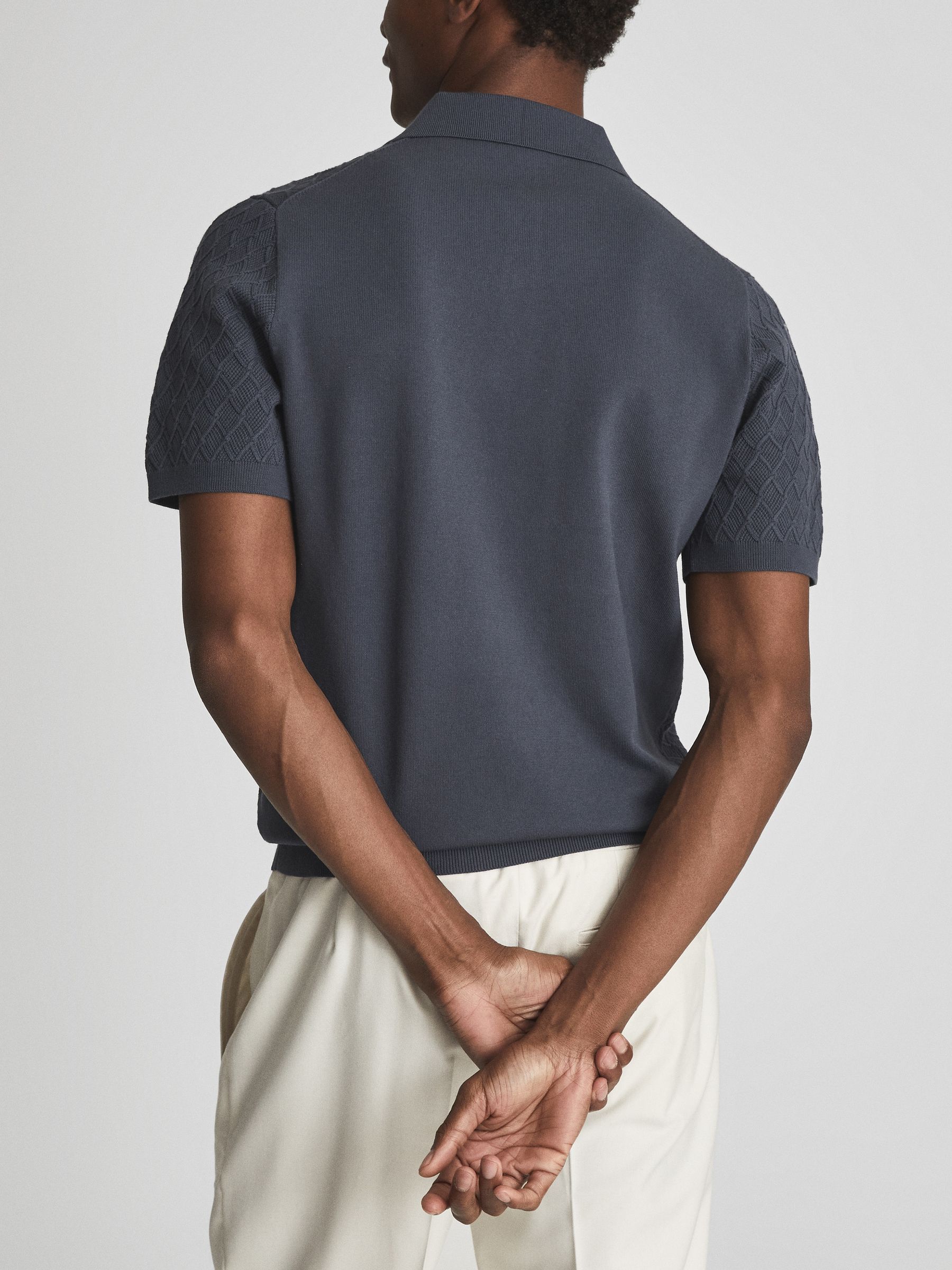 Textured Diamond Stitch Polo T-Shirt in Steel Blue - Image 5 of 7