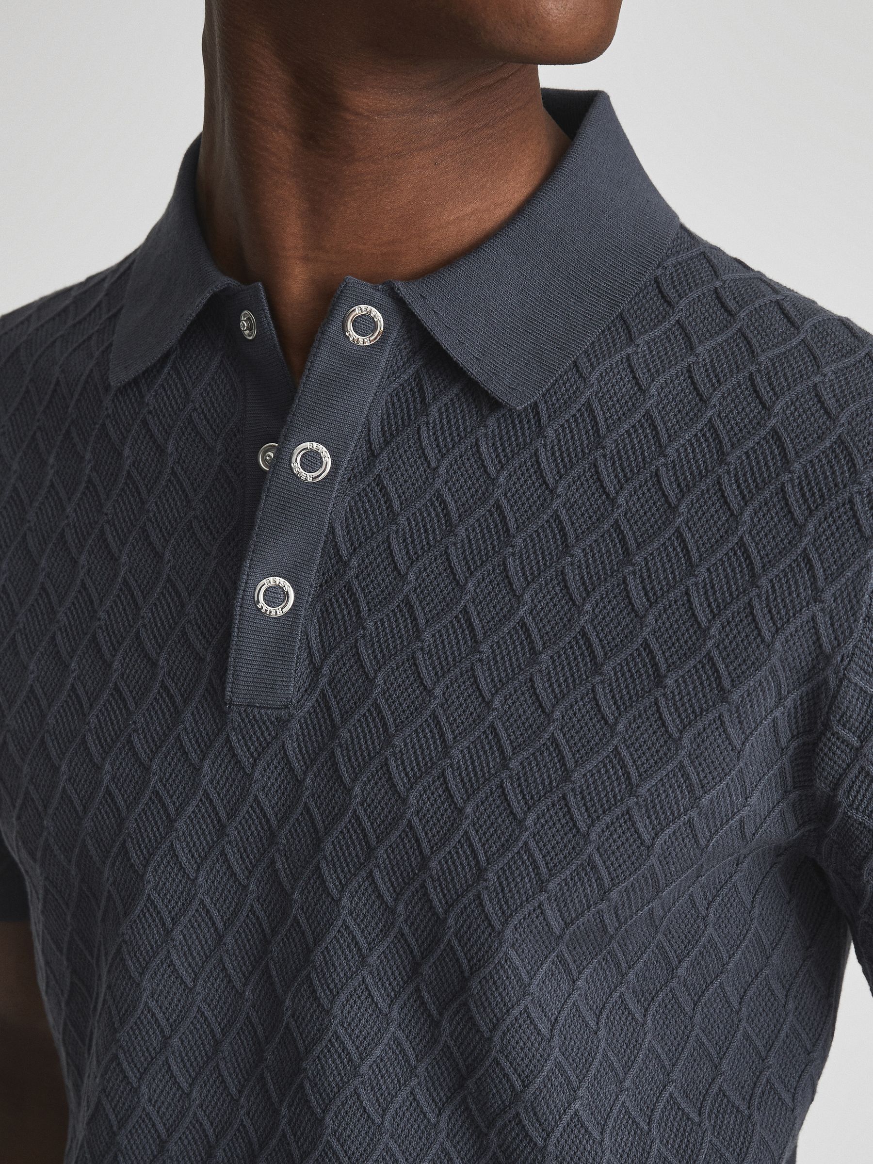 Textured Diamond Stitch Polo T-Shirt in Steel Blue - Image 7 of 7