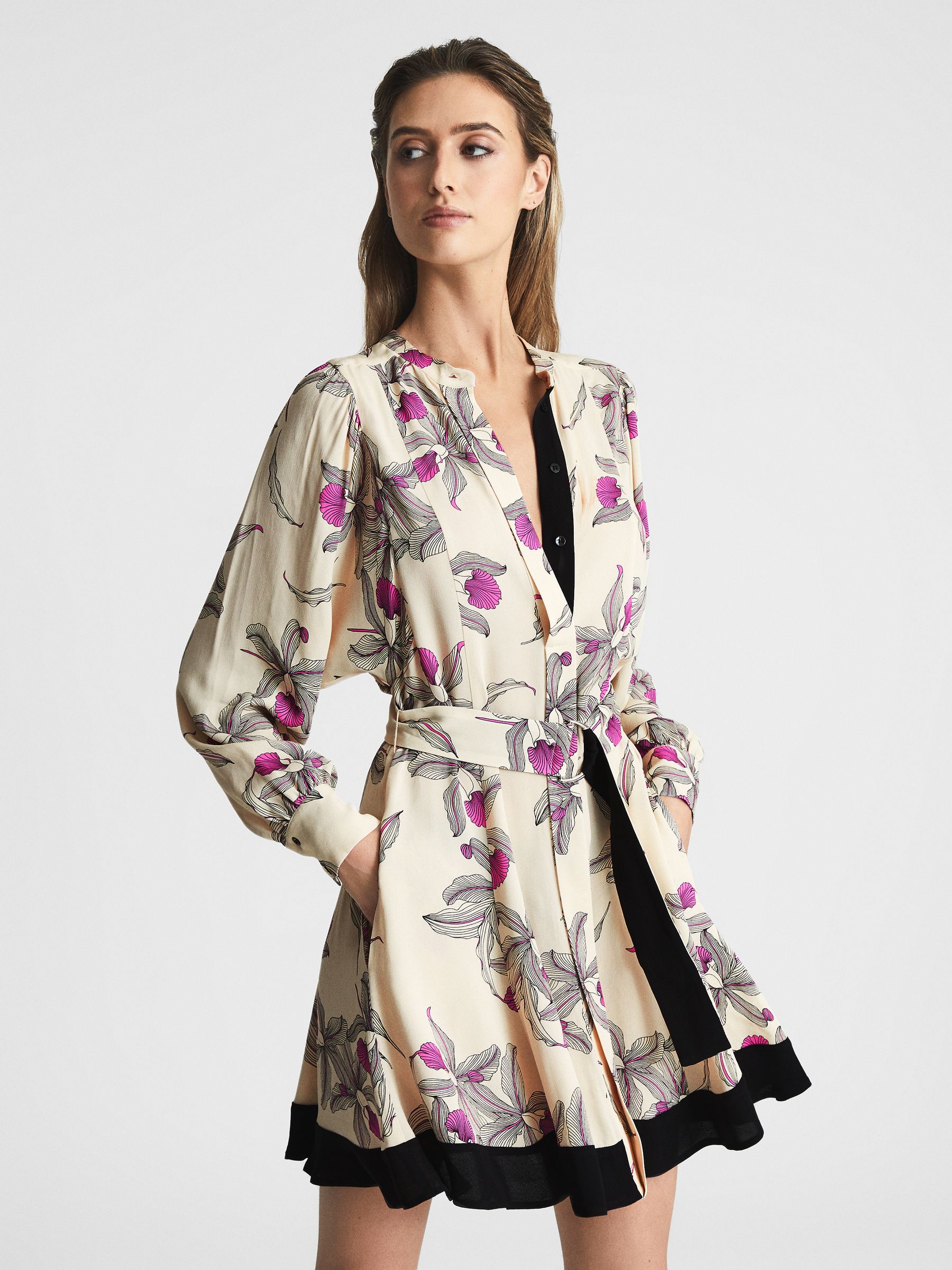 Orchid Print Mini Dress in Cream - Image 1 of 6