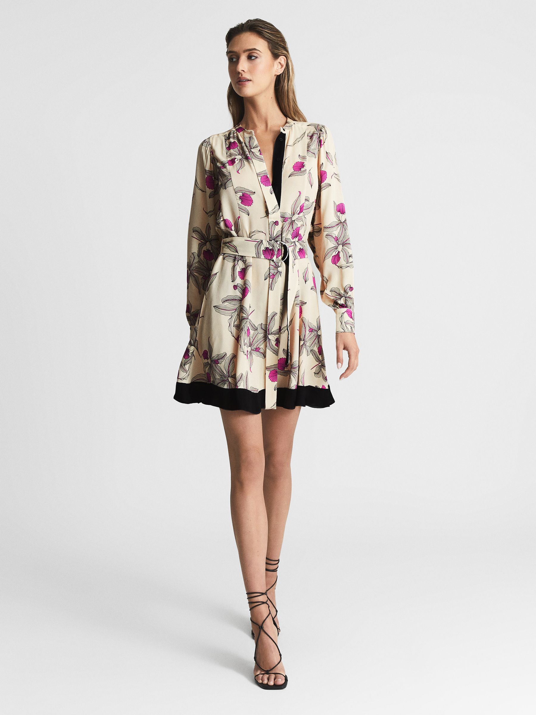 Orchid Print Mini Dress in Cream - Image 3 of 6