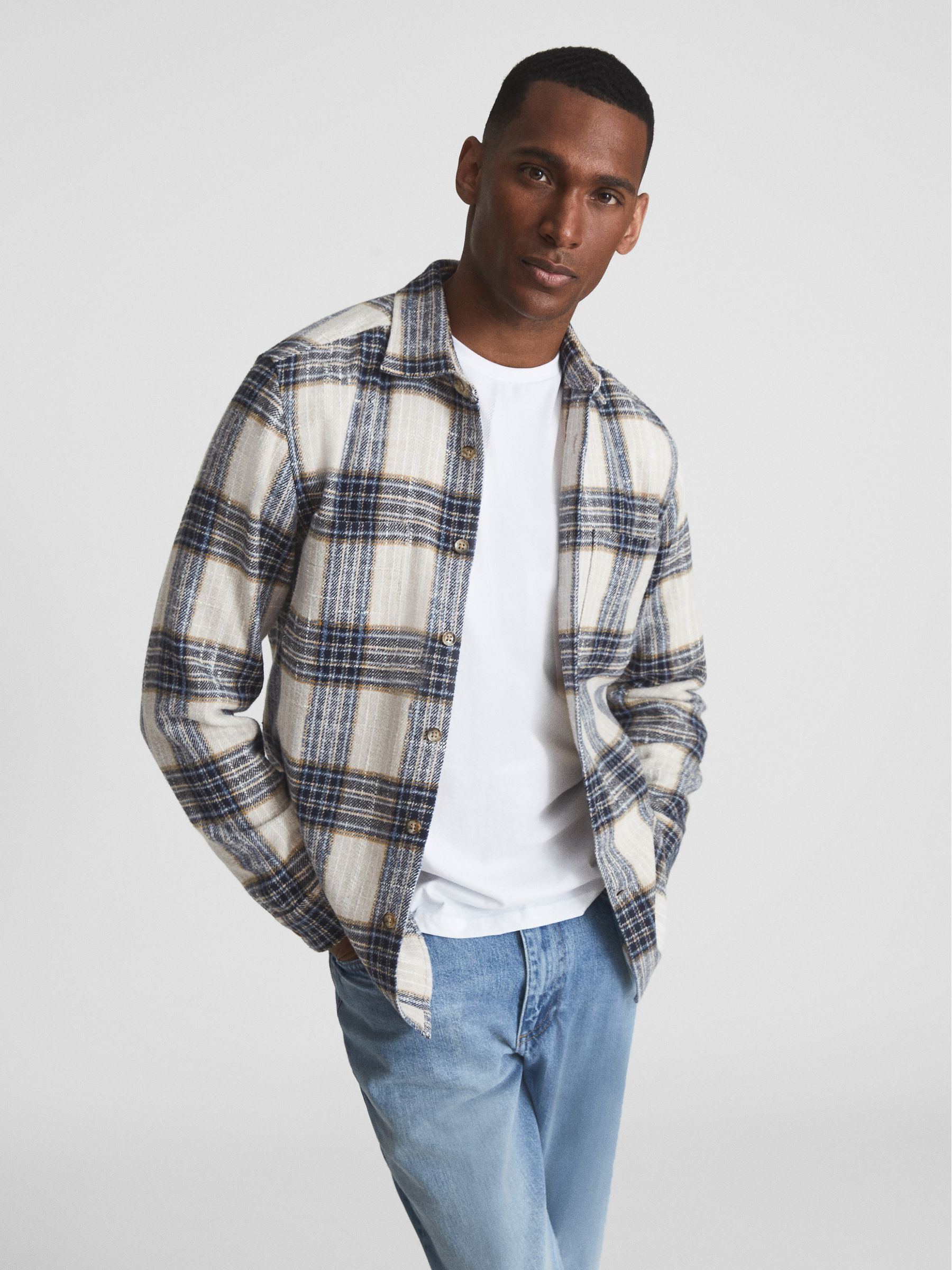 Large Check Twill Overshirt in Blue/Ecru - Image 1 of 6