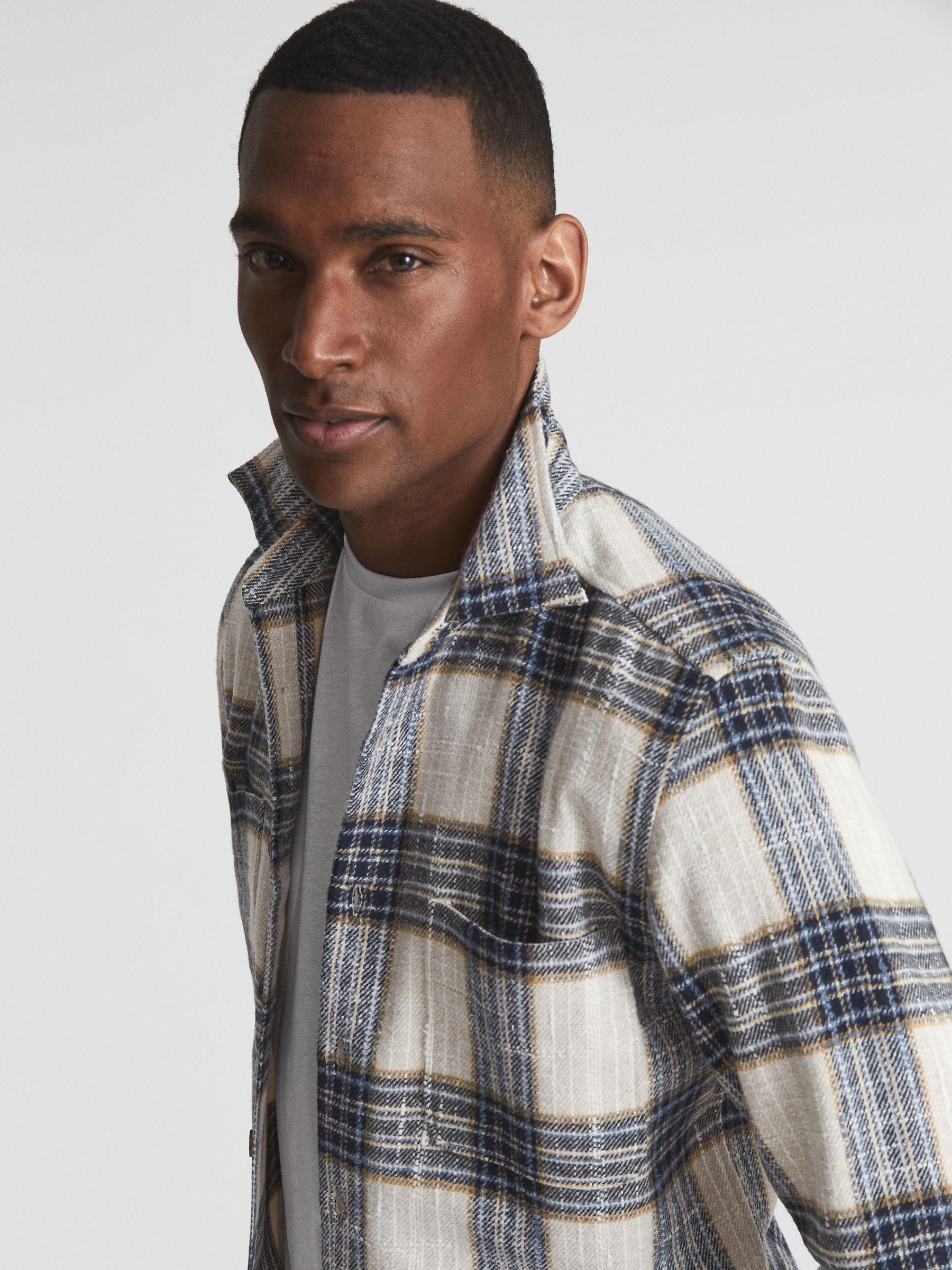 Large Check Twill Overshirt in Blue/Ecru - Image 4 of 6