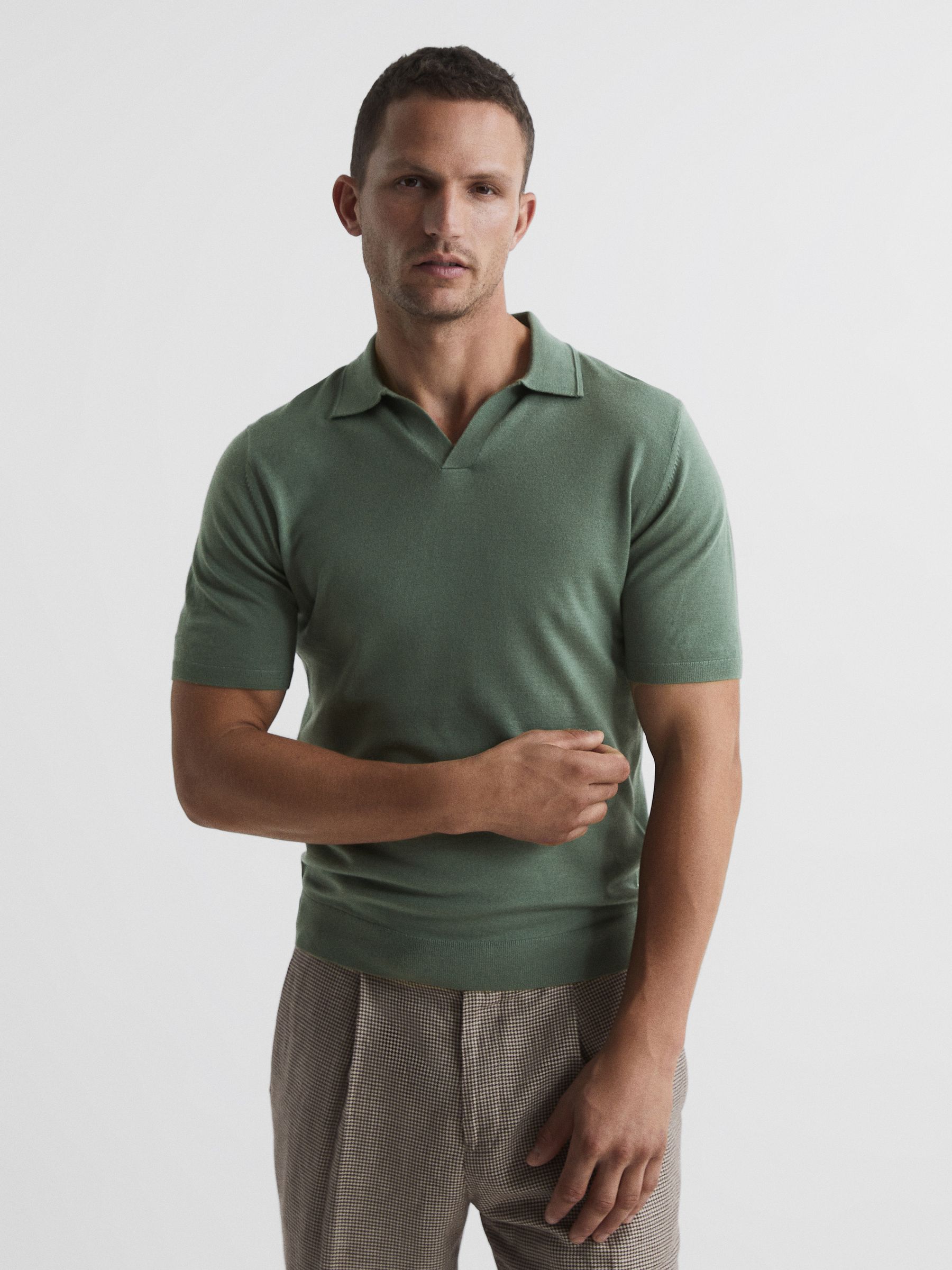 Merino Wool Open Collar Polo Shirt in Rosemary - Image 1 of 6 Merino Wool Open Collar Polo Shirt in Rosemary - Image 1 of 6