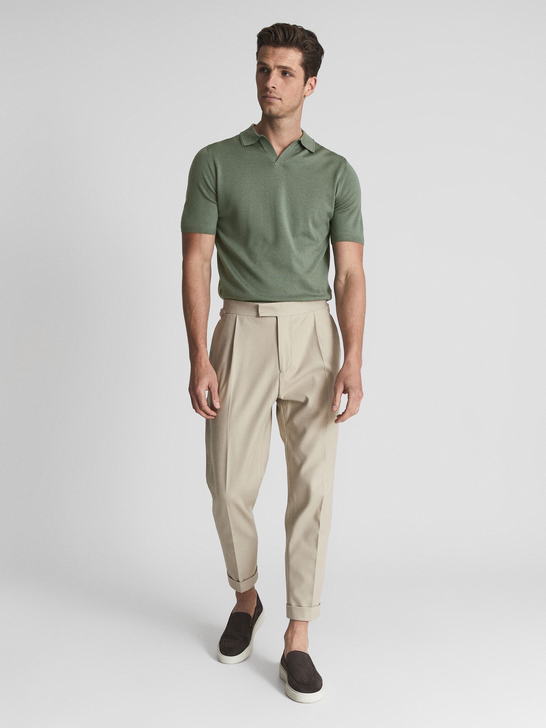 Merino Wool Open Collar Polo Shirt in Rosemary - Image 3 of 6