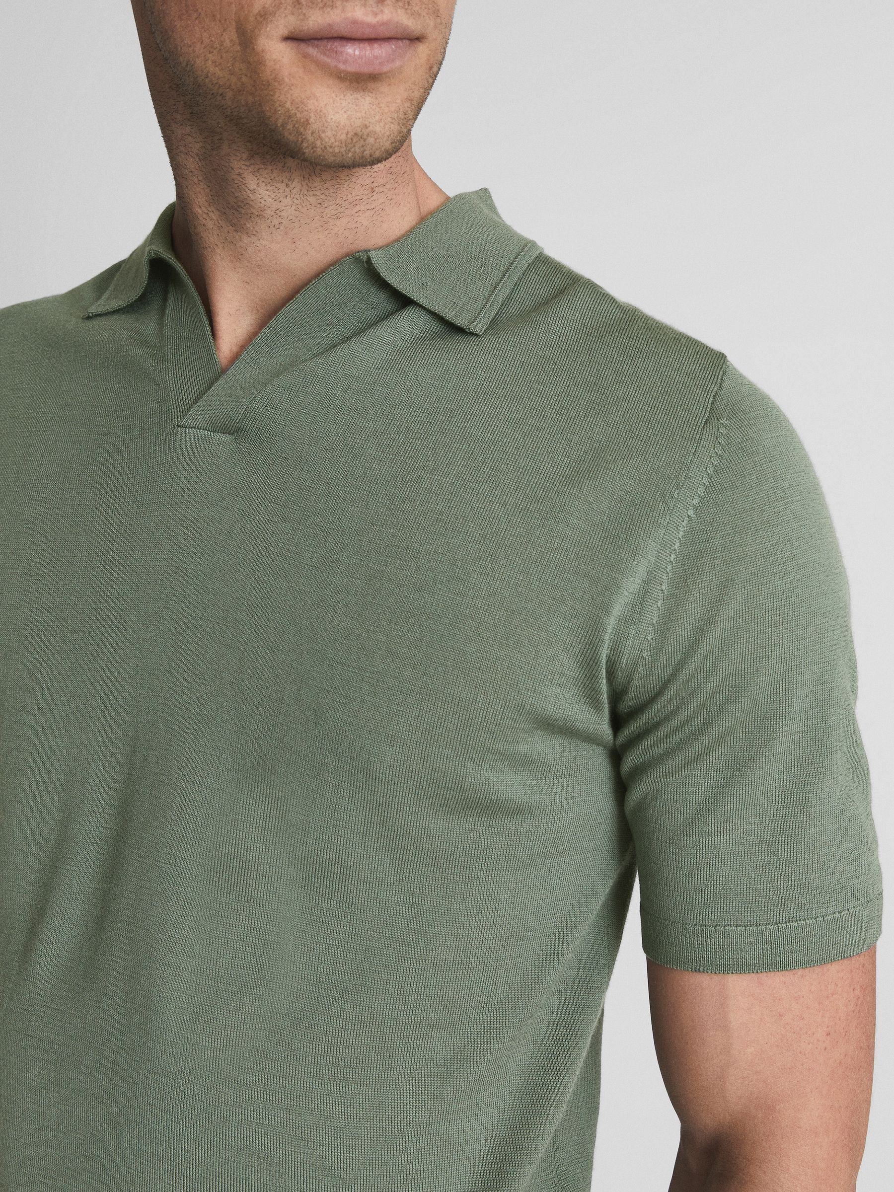 Merino Wool Open Collar Polo Shirt in Rosemary - Image 4 of 6