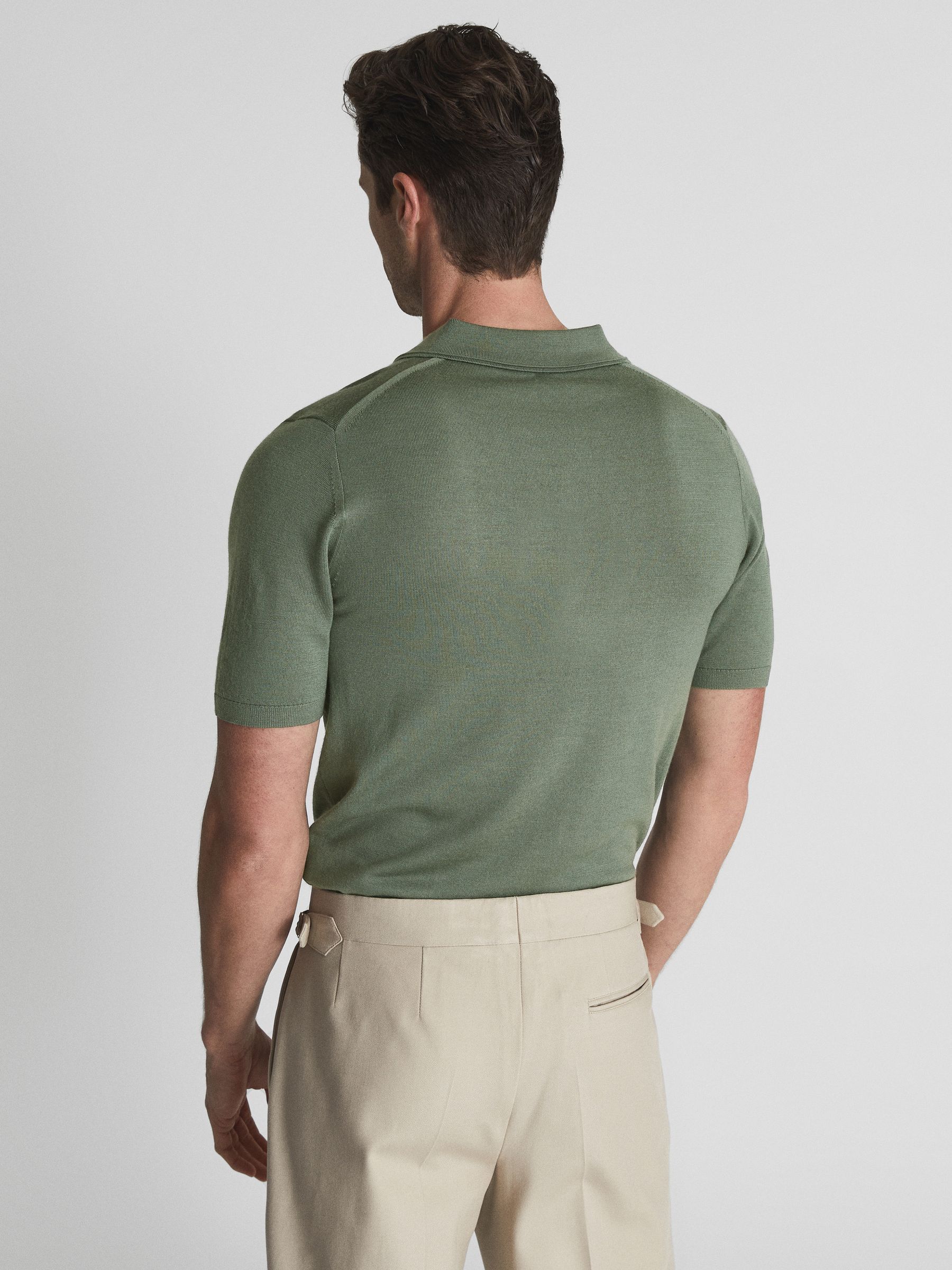 Merino Wool Open Collar Polo Shirt in Rosemary - Image 5 of 6