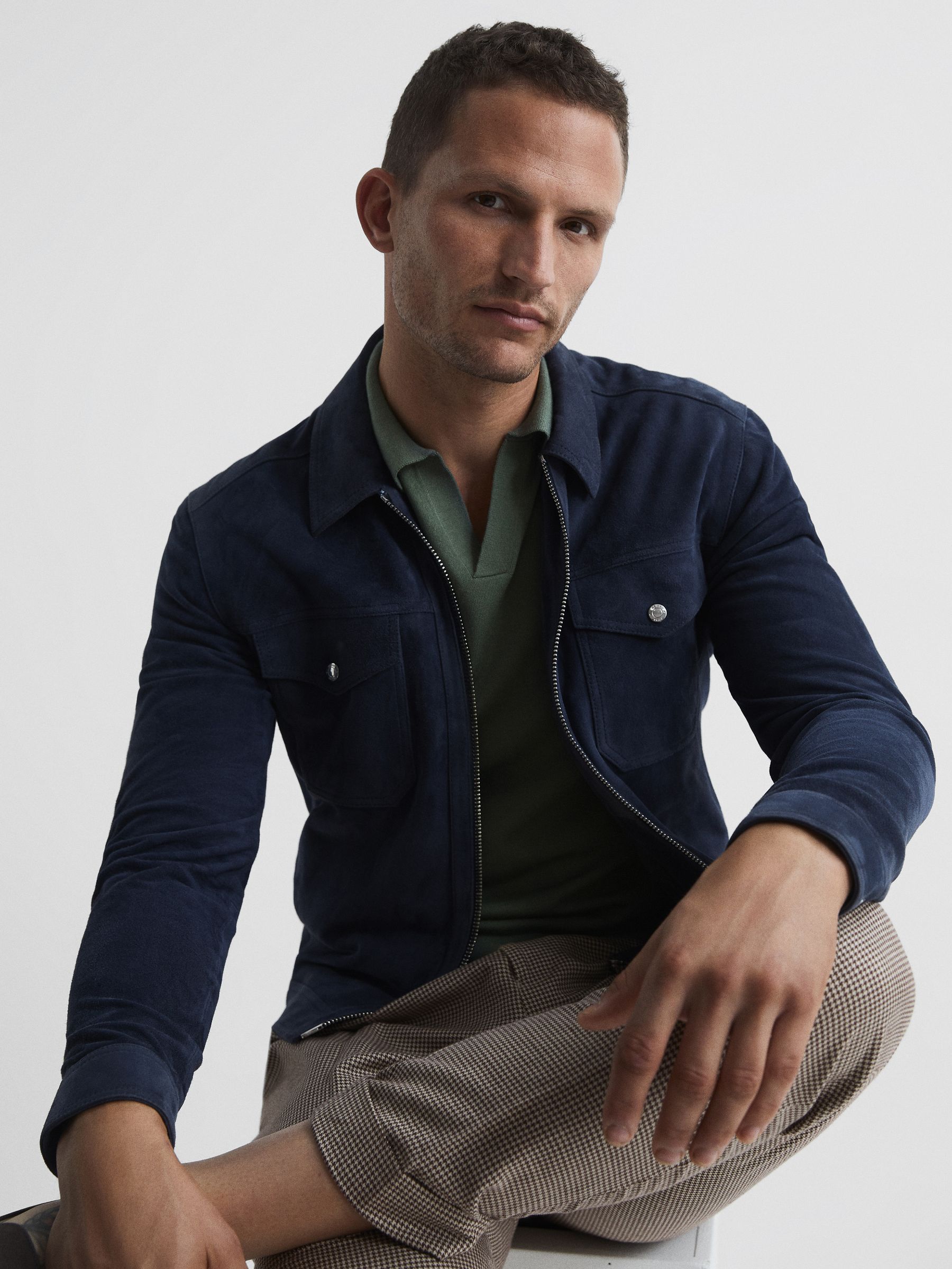 Merino Wool Open Collar Polo Shirt in Rosemary - Image 6 of 6