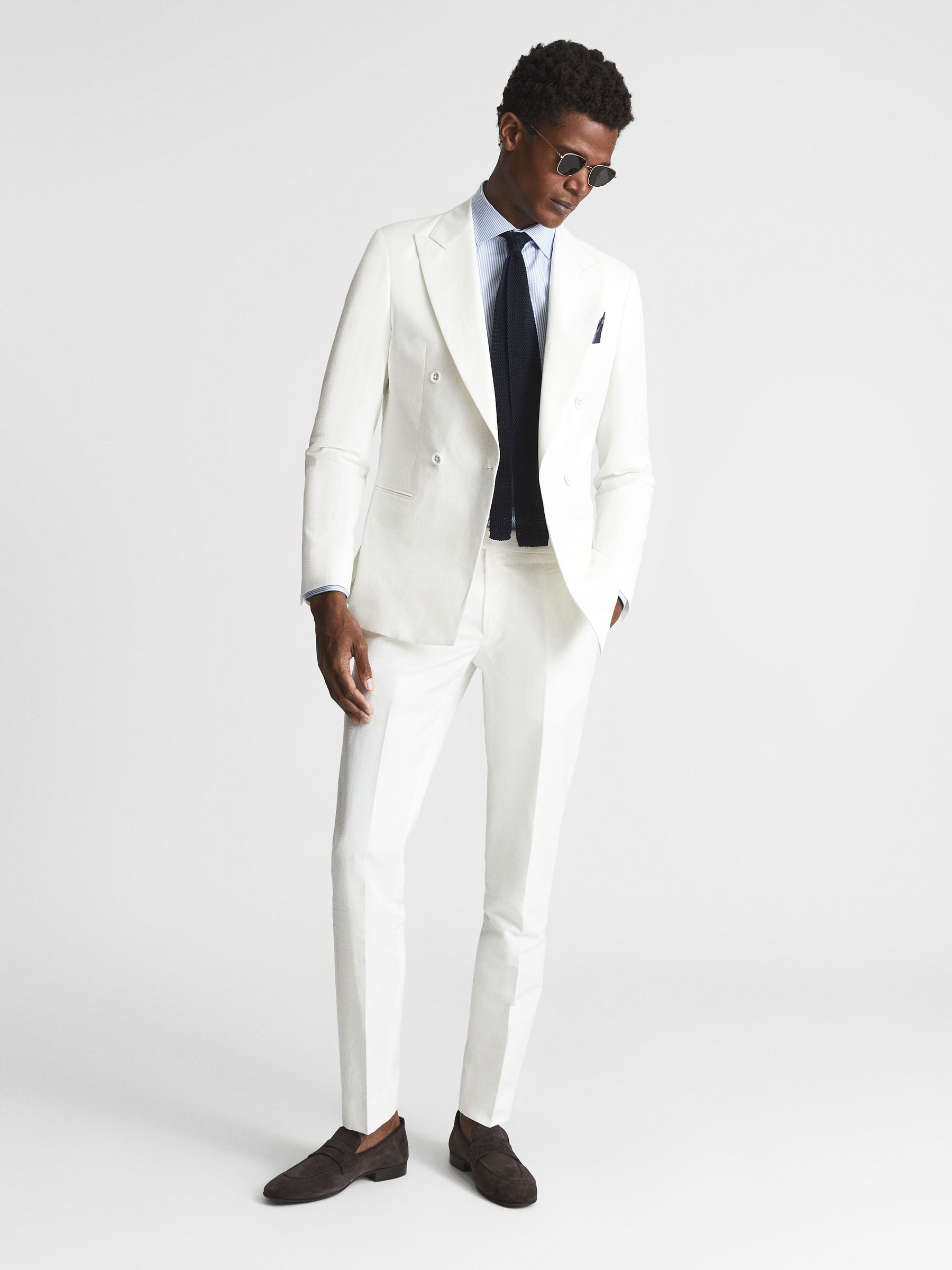 Slim Fit Formal Linen Trousers in White - Image 3 of 6
