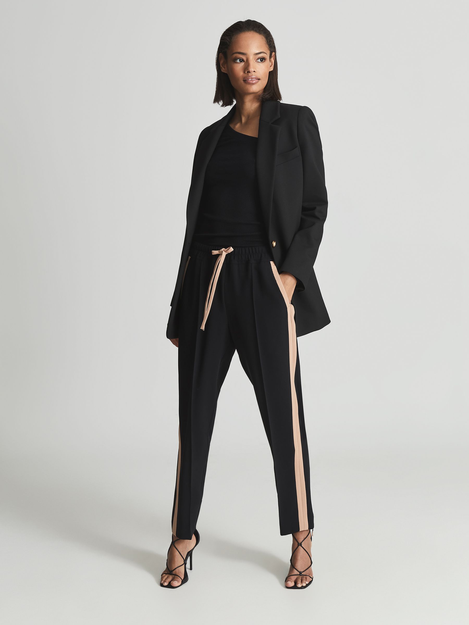 Tapered Side Stripe Trousers in Black - Image 1 of 7