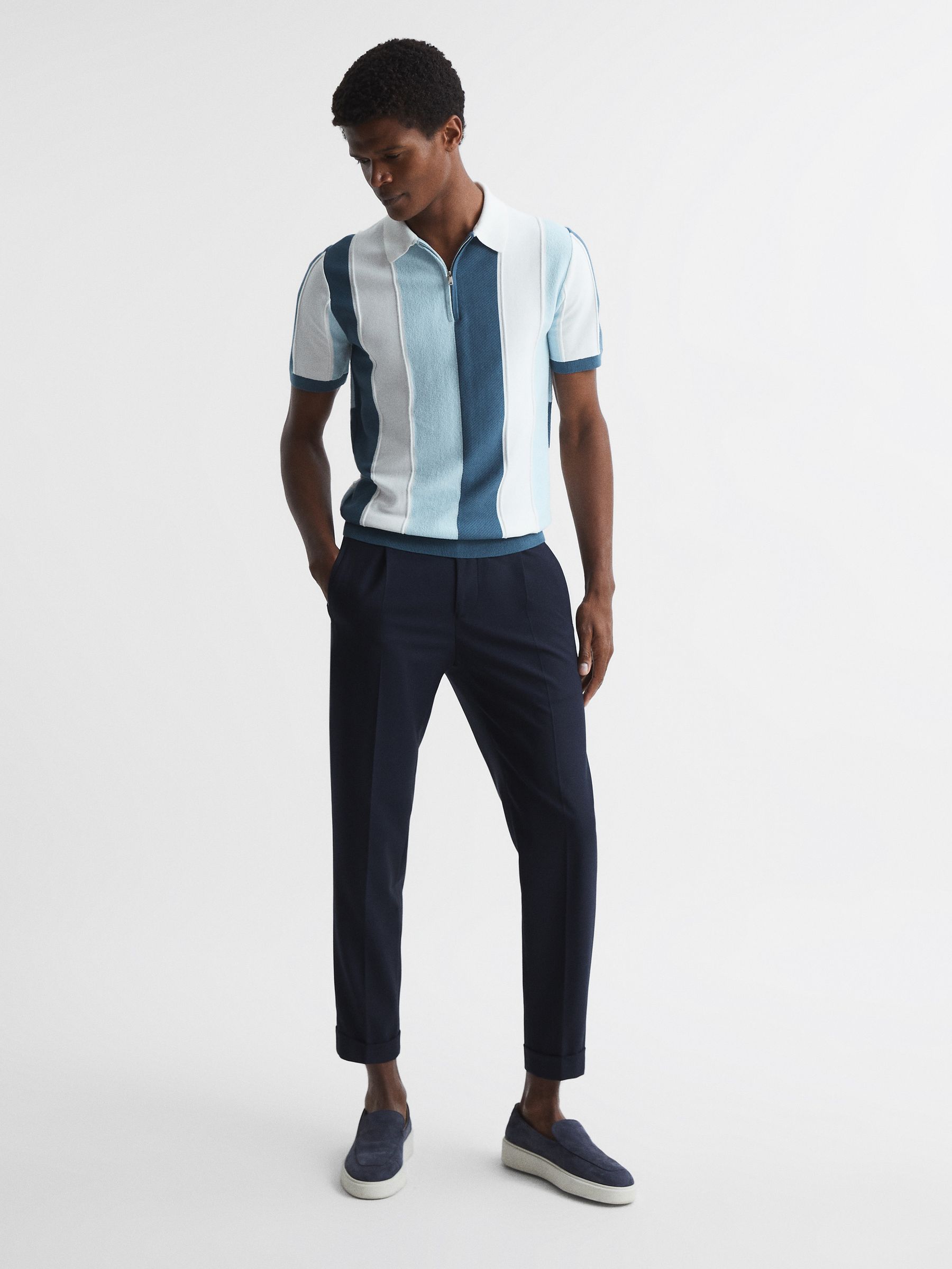 Half Zip Textured Stripe Polo T-Shirt in Airforce Blue - Image 3 of 6