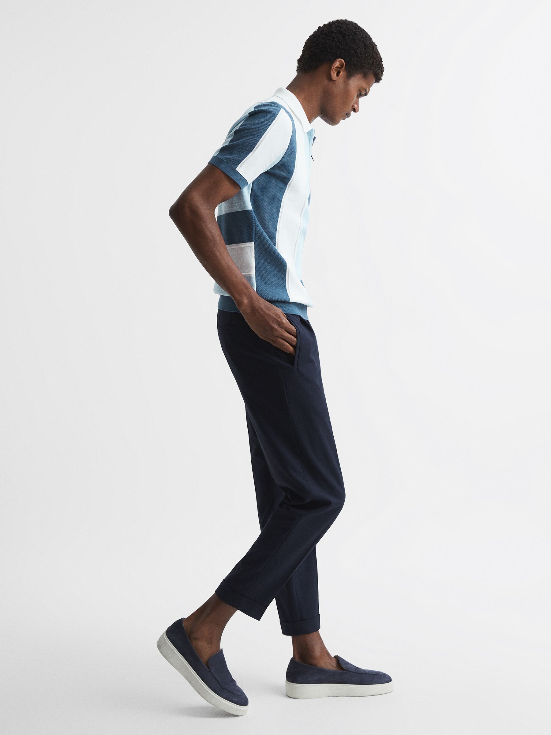 Half Zip Textured Stripe Polo T-Shirt in Airforce Blue - Image 4 of 6