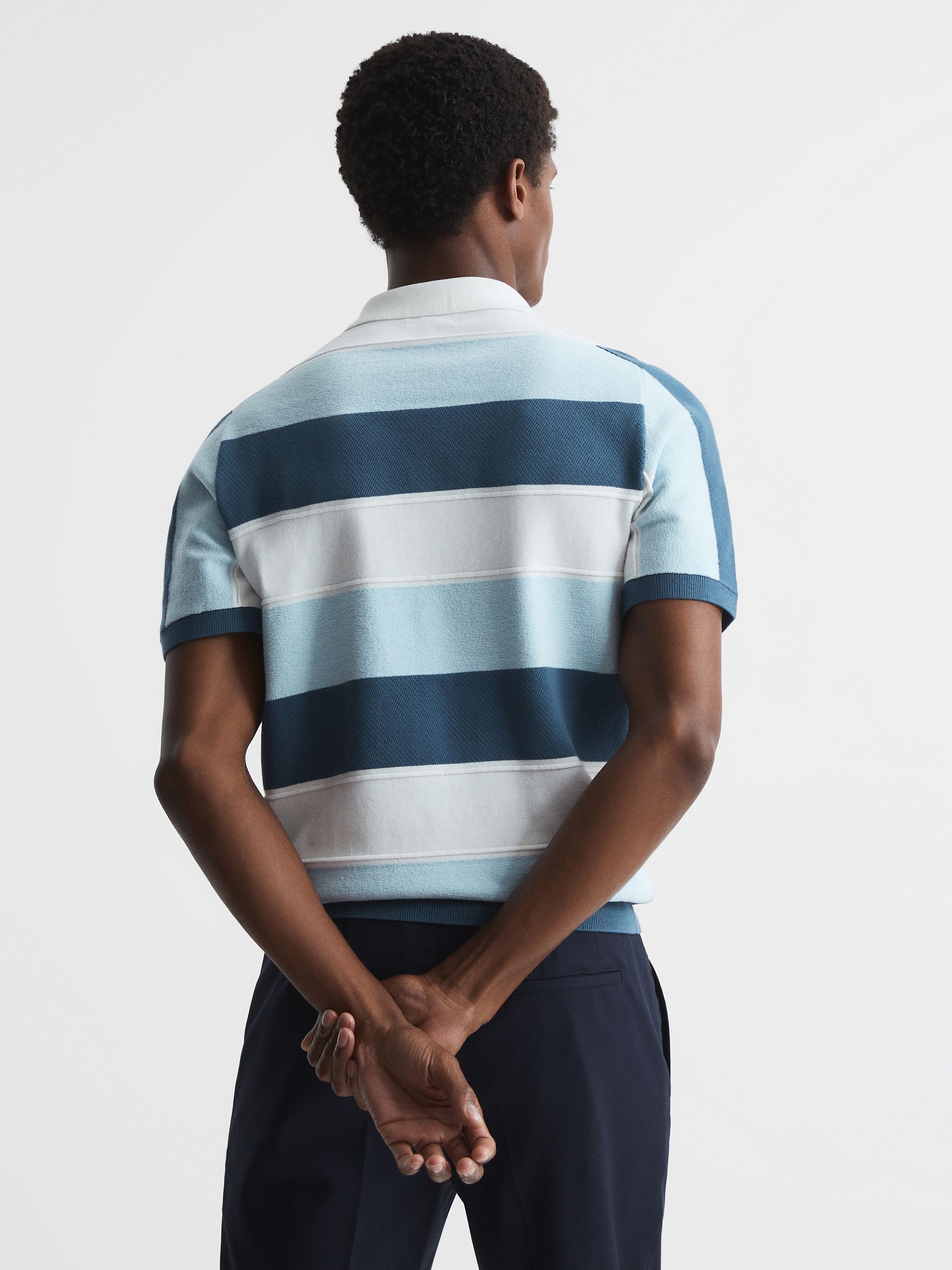Half Zip Textured Stripe Polo T-Shirt in Airforce Blue - Image 5 of 6
