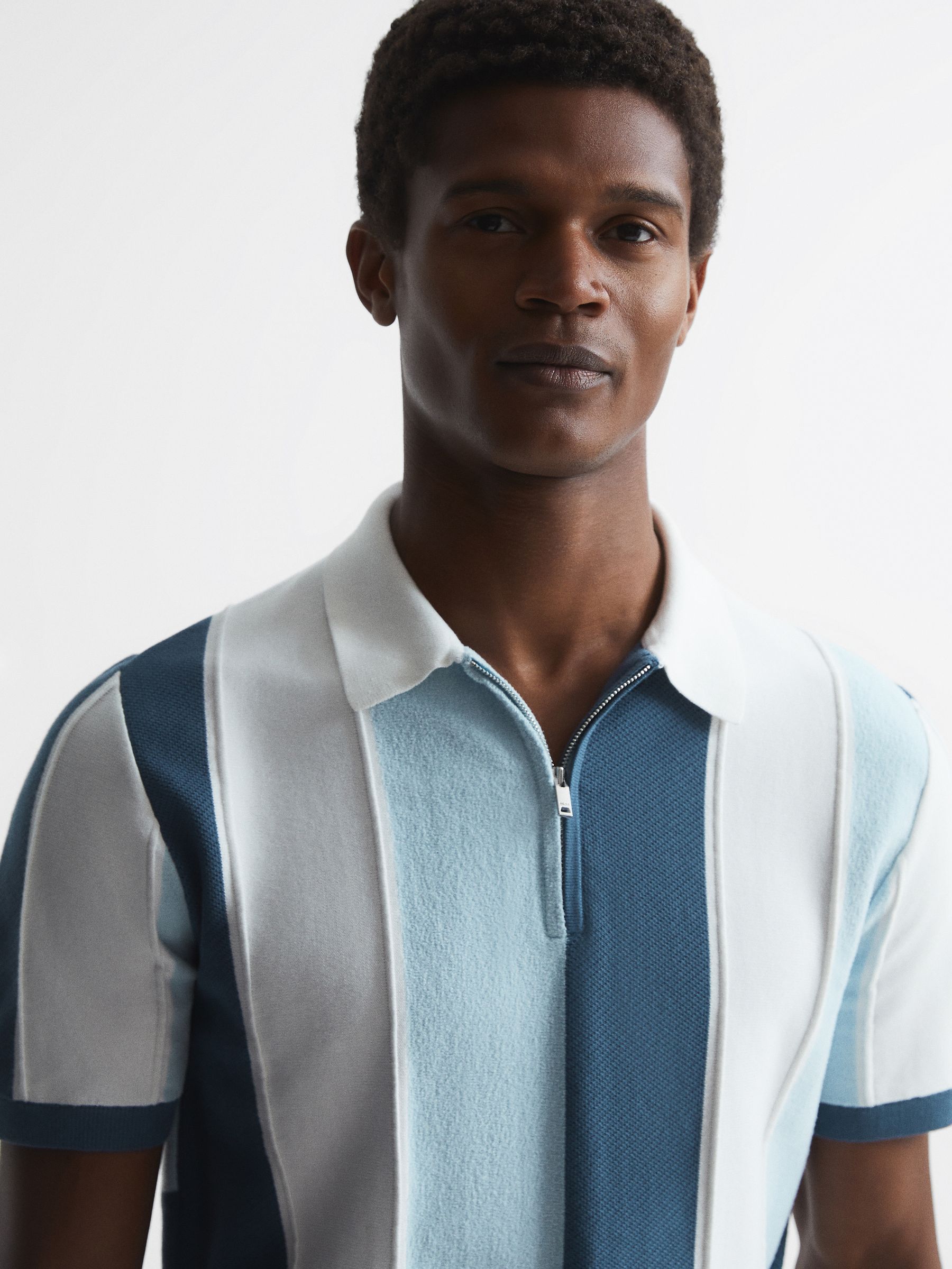 Half Zip Textured Stripe Polo T-Shirt in Airforce Blue - Image 6 of 6