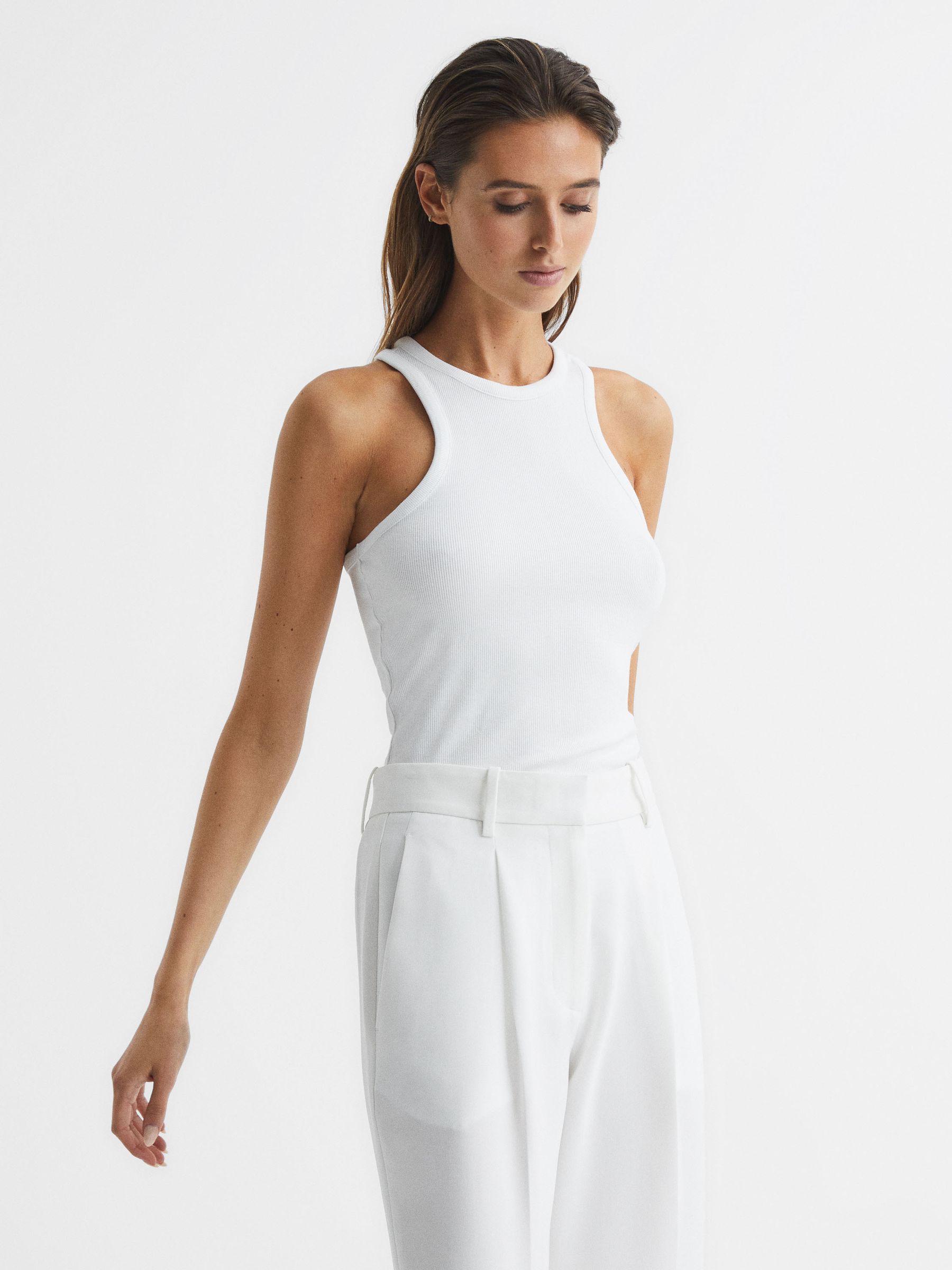 Ribbed Jersey Racer Tank Top in White - Image 1 of 6