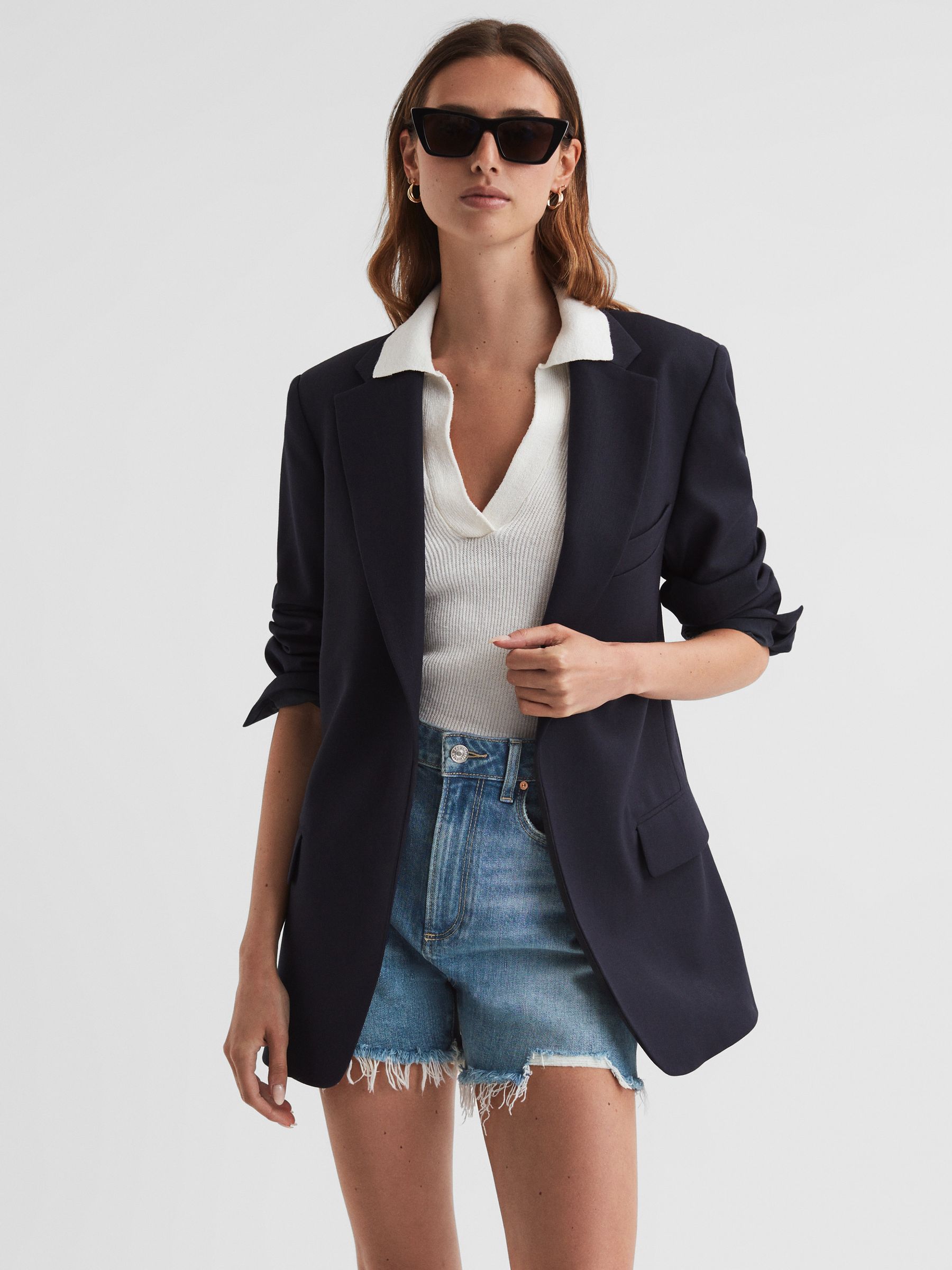 Paige Raw Hem Denim Shorts in Mid Blue - Image 1 of 4