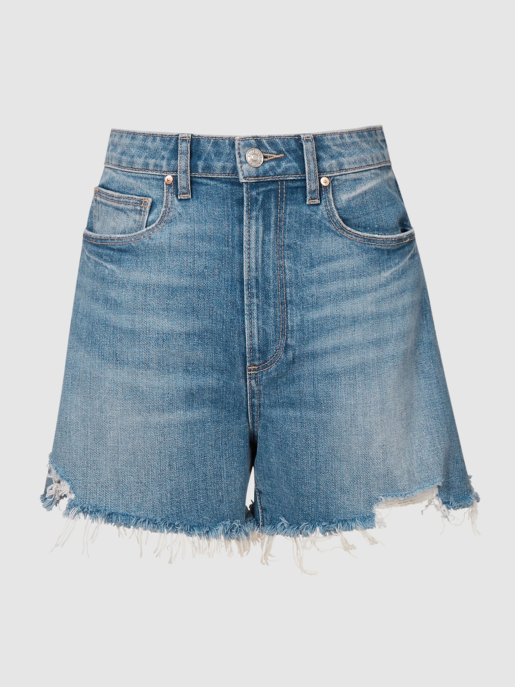 Paige Raw Hem Denim Shorts in Mid Blue - image 1