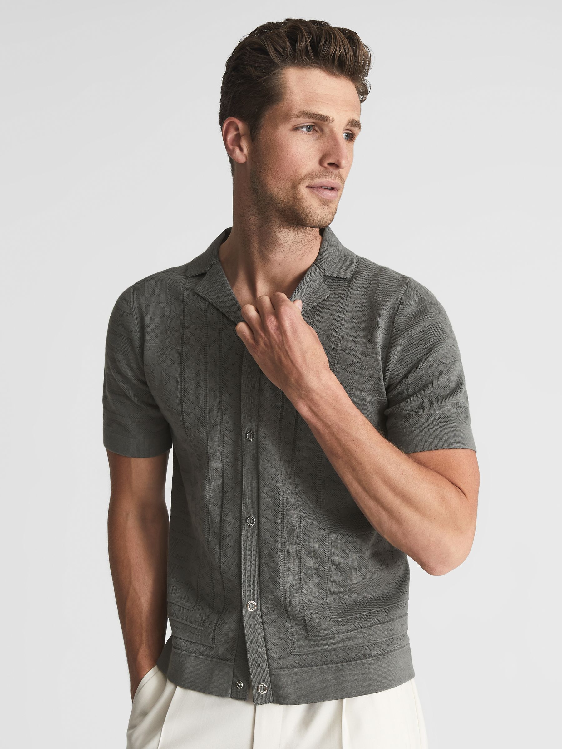 Cuban Collar Stitch Interest Shirt in Sage - Image 1 of 5