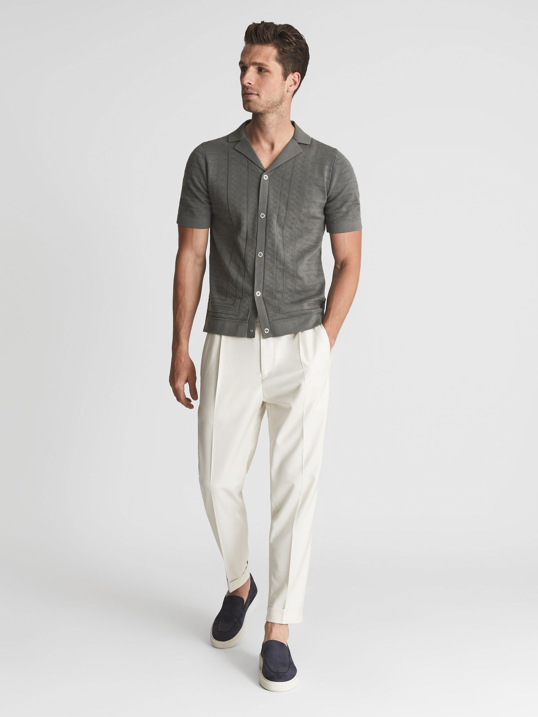 Cuban Collar Stitch Interest Shirt in Sage - Image 3 of 5