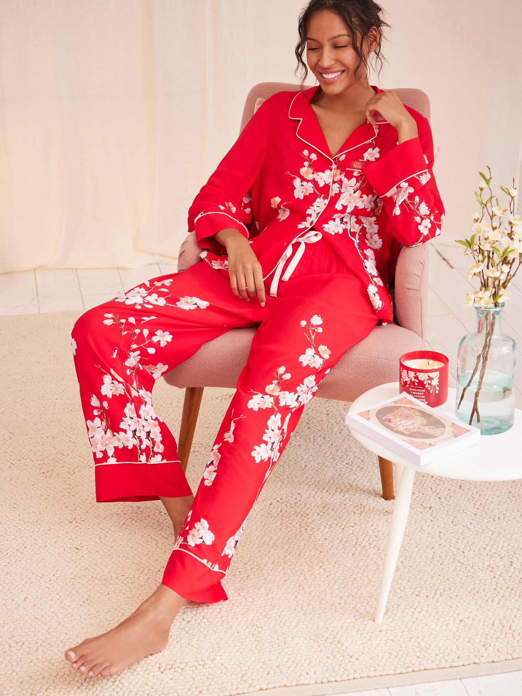 Red Japanese Cherry Blossom Floral Cosy Button Through Pyjamas - Image 1 of 8