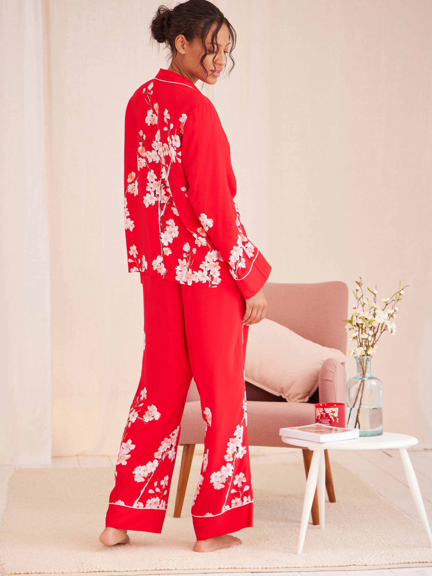 Red Japanese Cherry Blossom Floral Cosy Button Through Pyjamas - Image 2 of 8