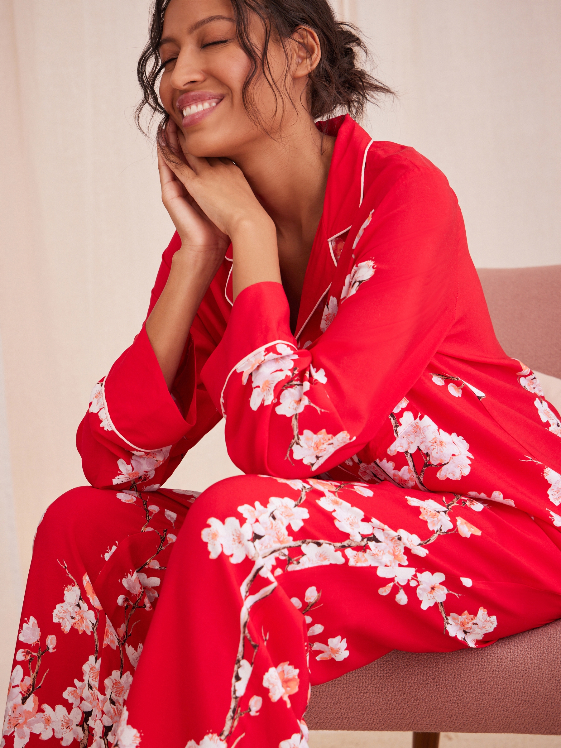 Red Japanese Cherry Blossom Floral Cosy Button Through Pyjamas - Image 3 of 8