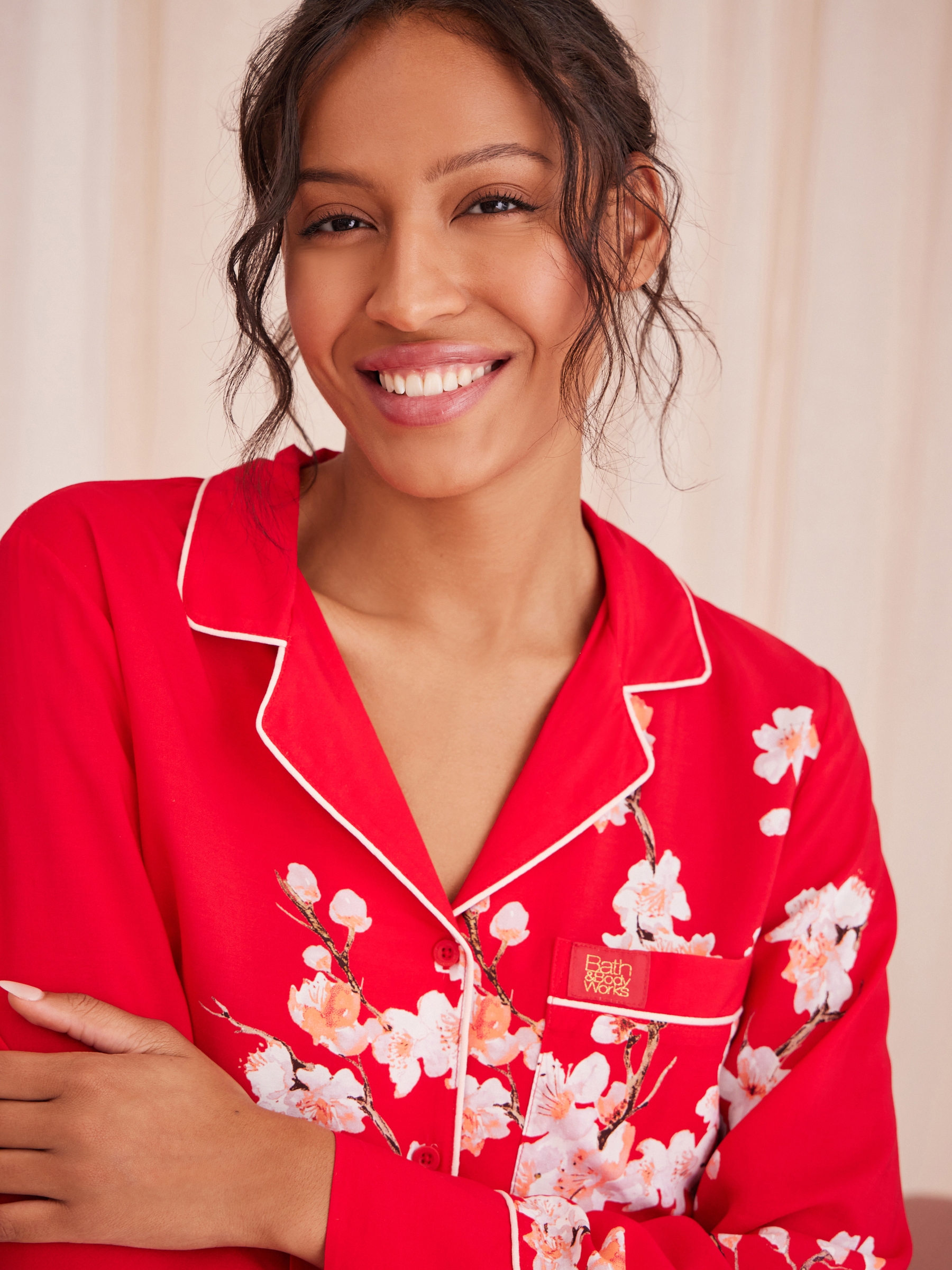 Red Japanese Cherry Blossom Floral Cosy Button Through Pyjamas - Image 4 of 8