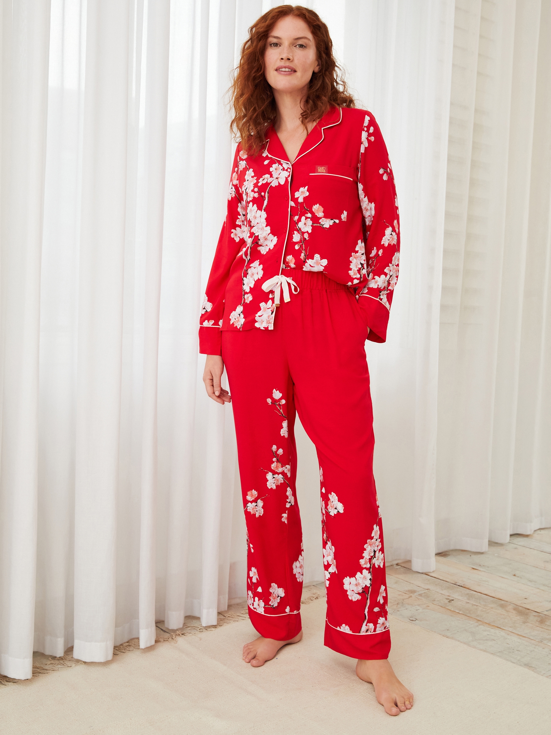 Red Japanese Cherry Blossom Floral Cosy Button Through Pyjamas - Image 5 of 8