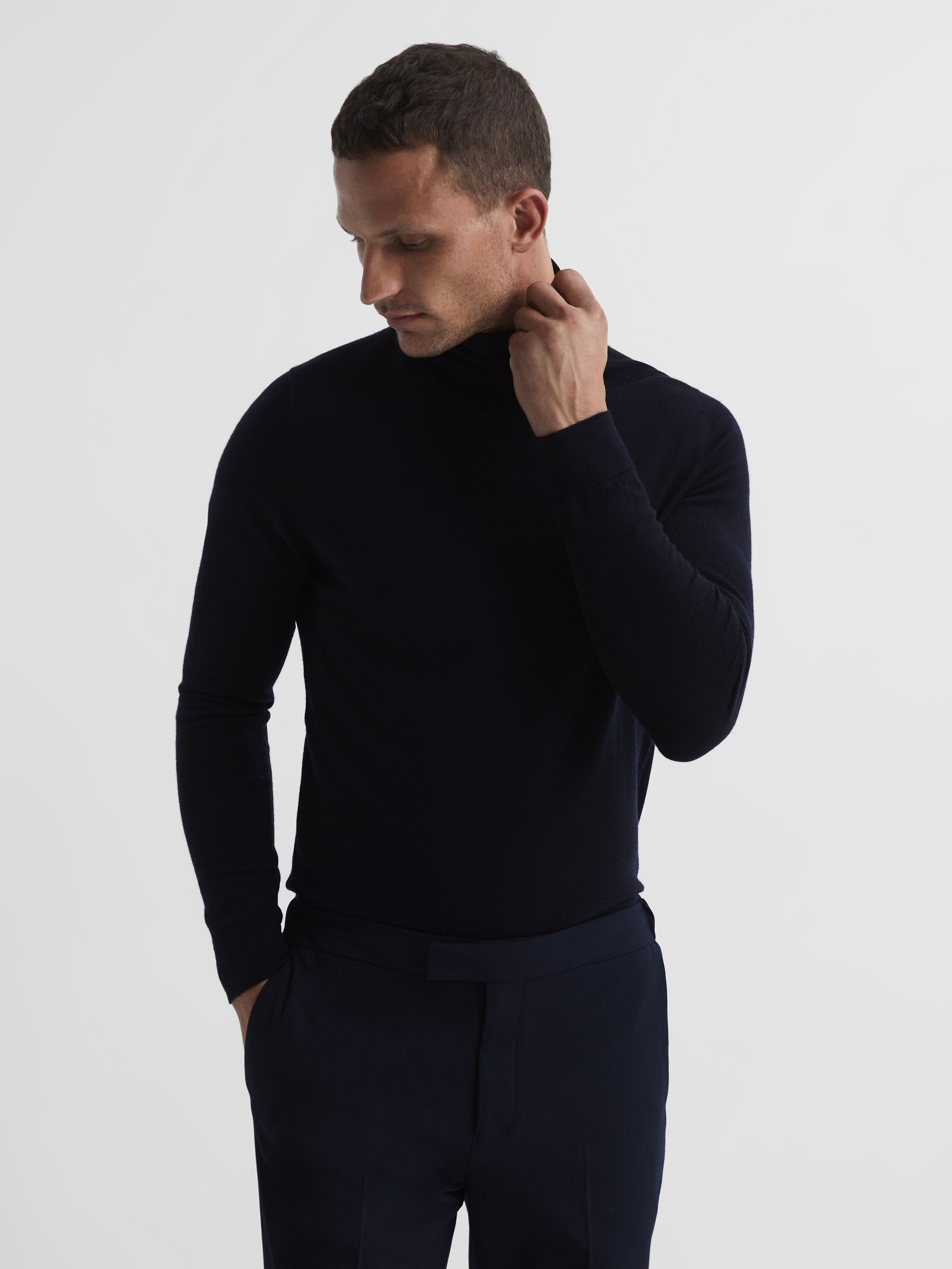 Slim Fit Merino Wool Roll Neck Jumper in Navy - Image 1 of 7