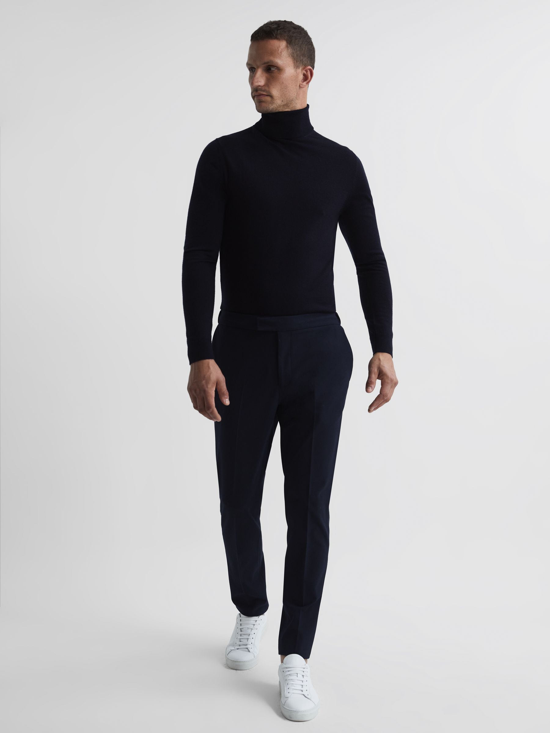 Slim Fit Merino Wool Roll Neck Jumper in Navy - Image 3 of 7