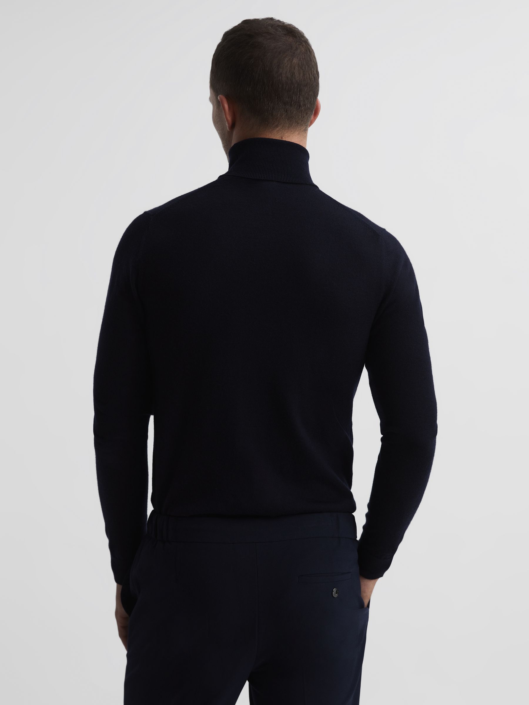 Slim Fit Merino Wool Roll Neck Jumper in Navy - Image 5 of 7