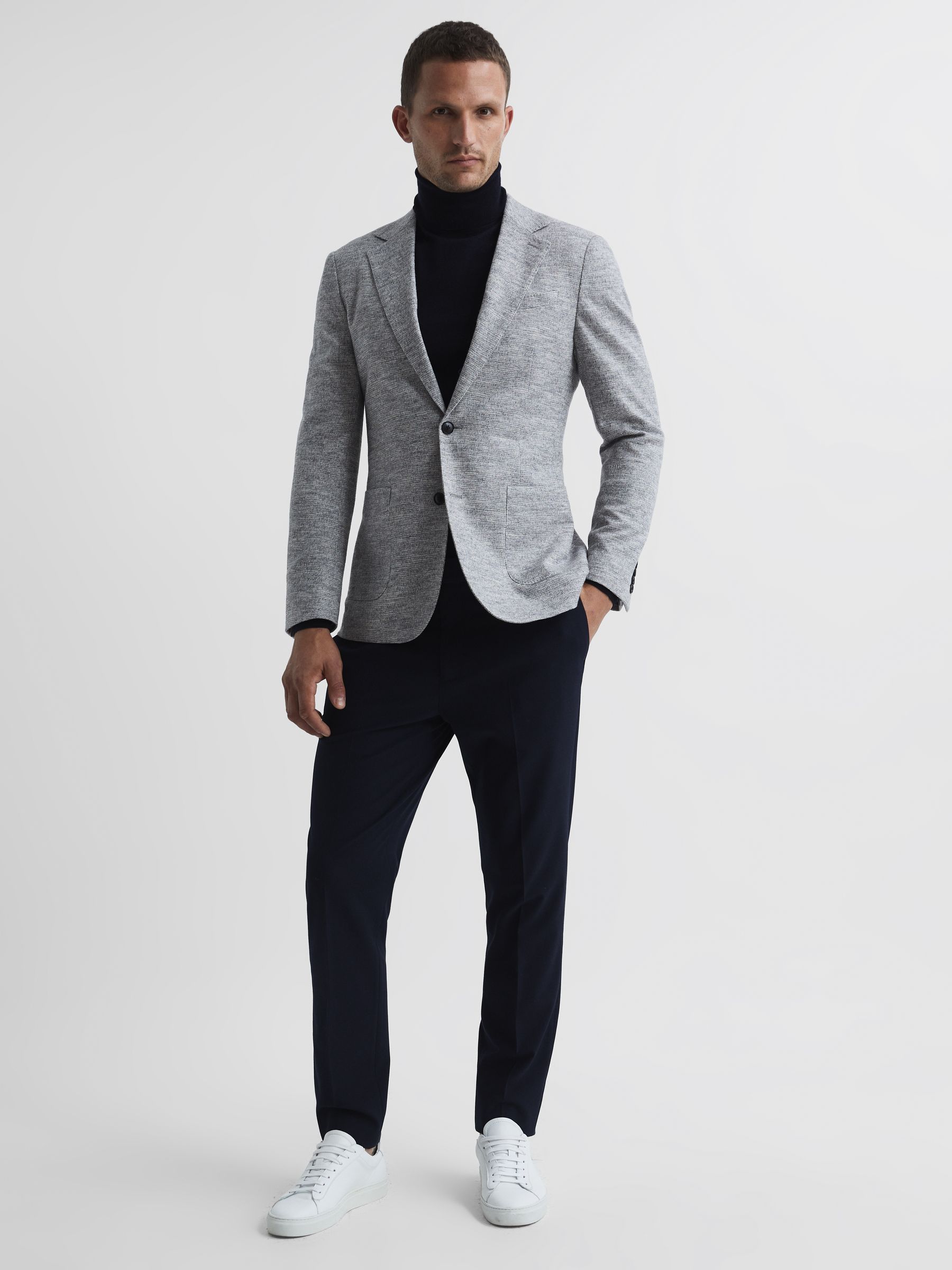 Slim Fit Merino Wool Roll Neck Jumper in Navy - Image 6 of 7