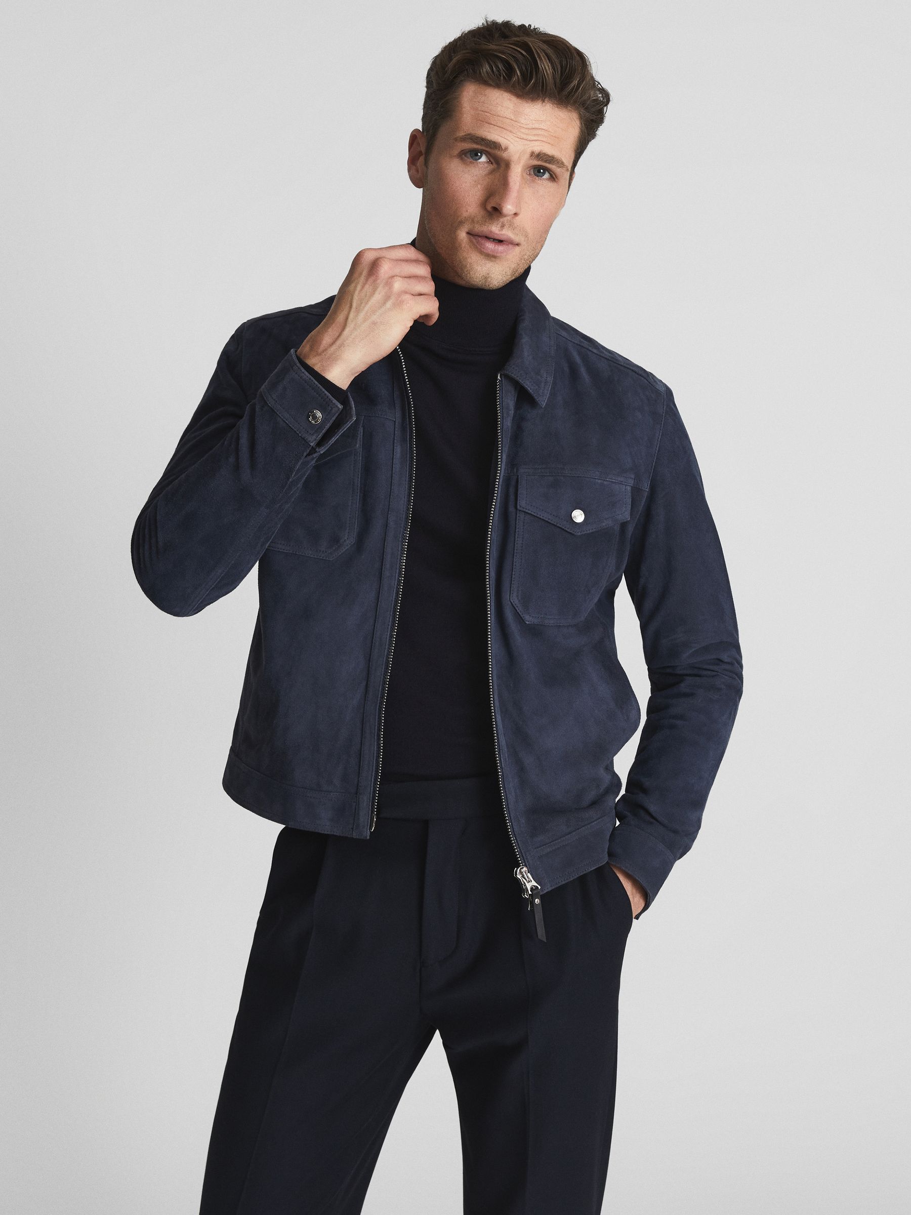 Slim Fit Merino Wool Roll Neck Jumper in Navy - Image 7 of 7