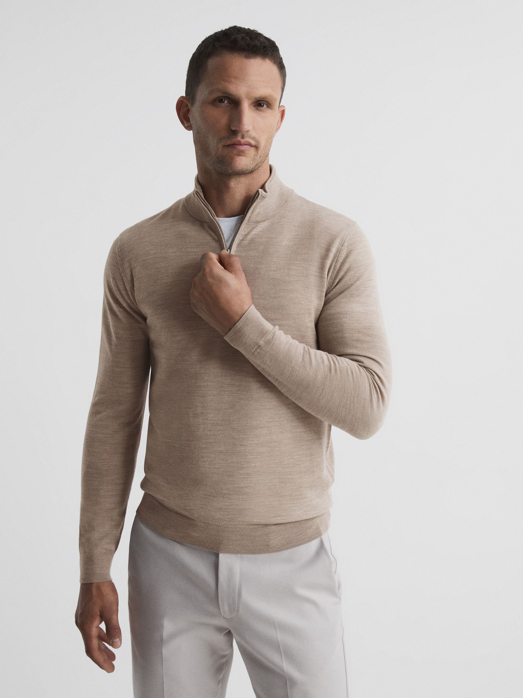 Merino Wool Zip Neck Jumper in Wheat Melange - Image 1 of 1 Merino Wool Zip Neck Jumper in Wheat Melange - Image 1 of 1