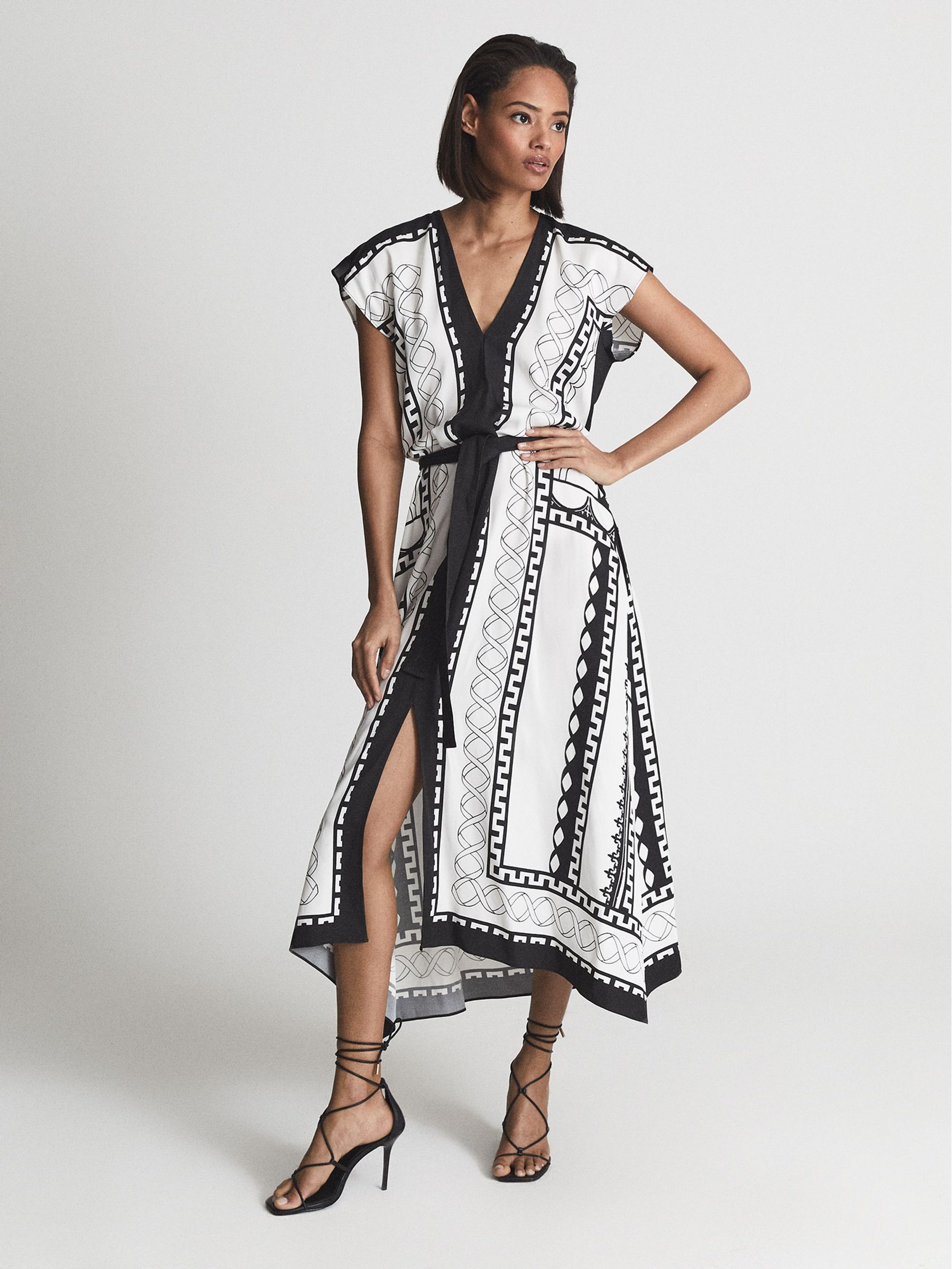 Reiss Mono Printed Midi Dress in Black/White | REISS