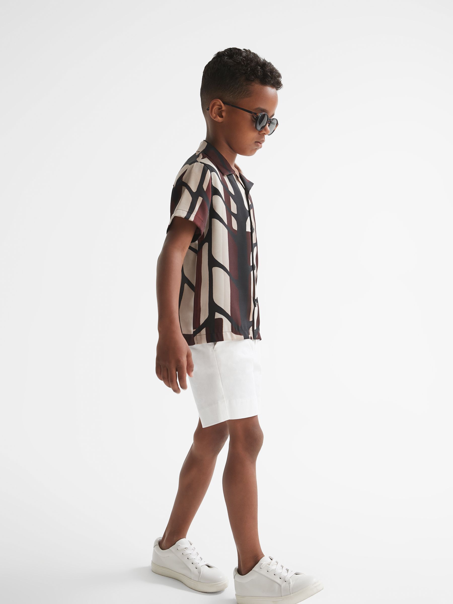 Junior Abstract Print Cuban Collar Shirt in Bordeaux - Image 1 of 8