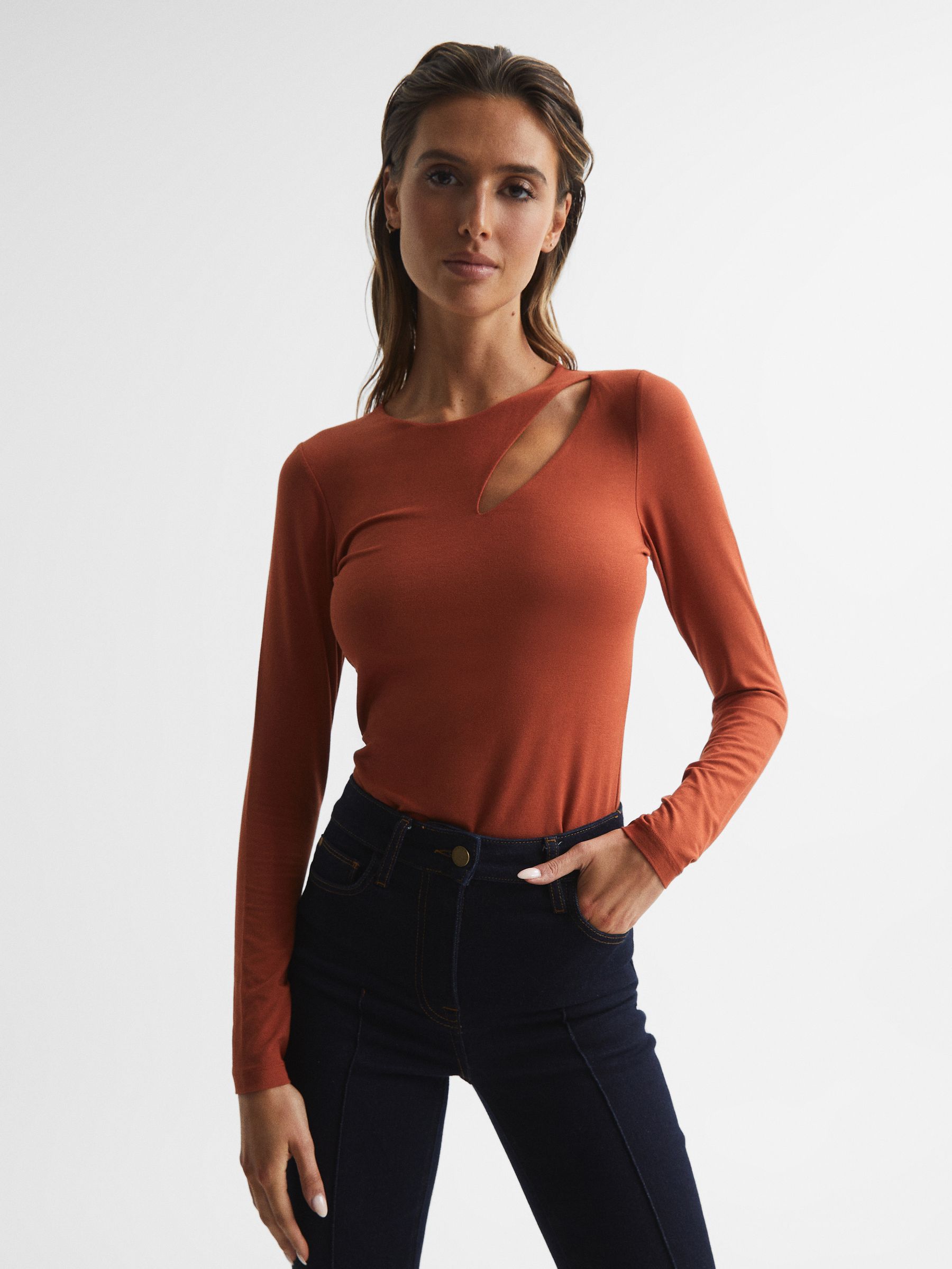 Cut-Out Long Sleeve Top in Orange - Image 1 of 7